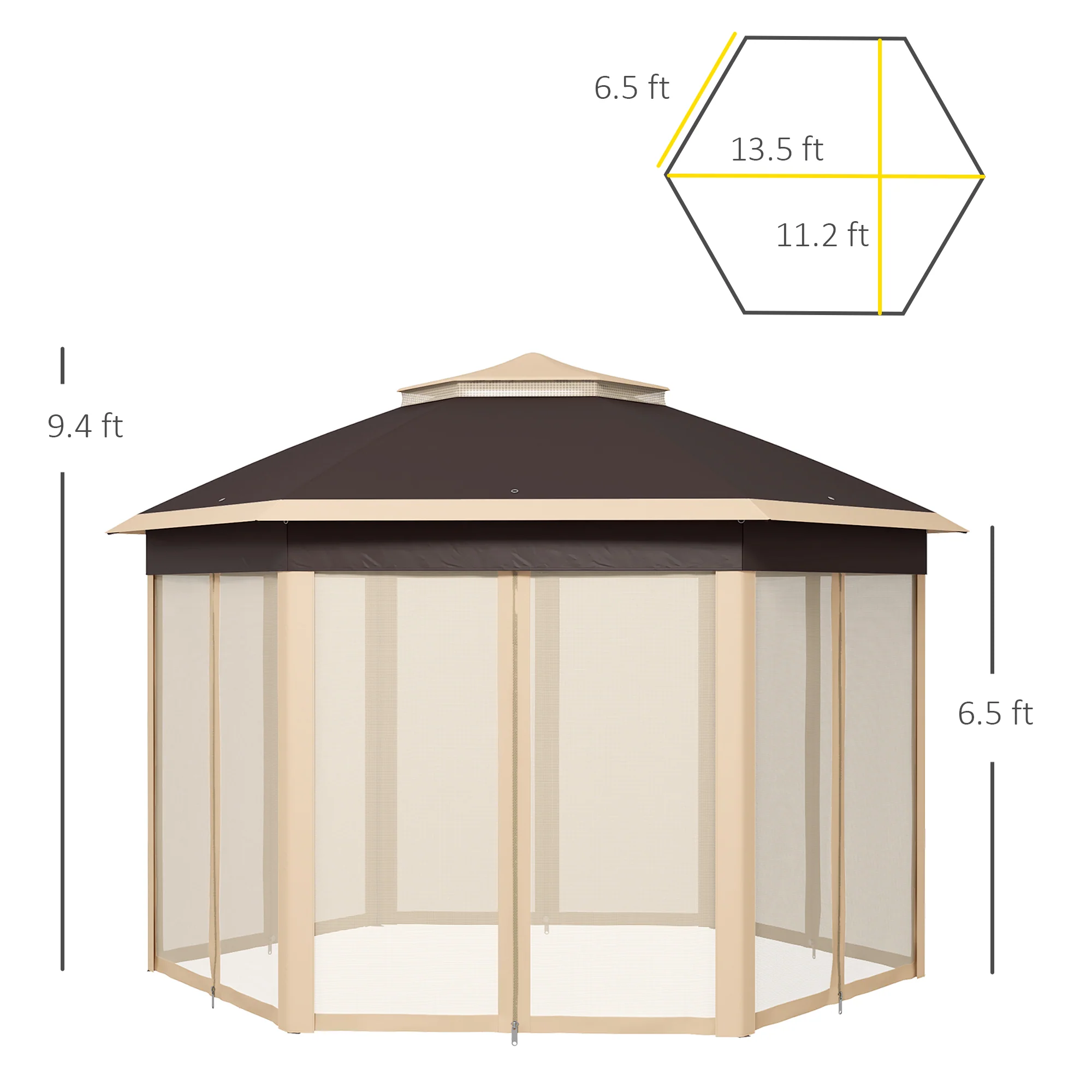 13' x 13' Hexagonal Pop-Up Gazebo Shelter with 6 Zippered Mesh Netting, Beige - Image 5