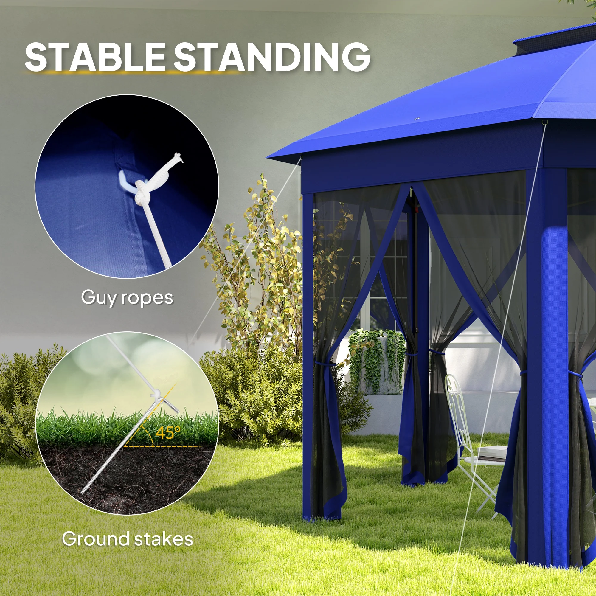 13' x 13' Hexagonal Pop-Up Gazebo Shelter with 6 Zippered Mesh Netting, Dark Blue and Black - Image 8