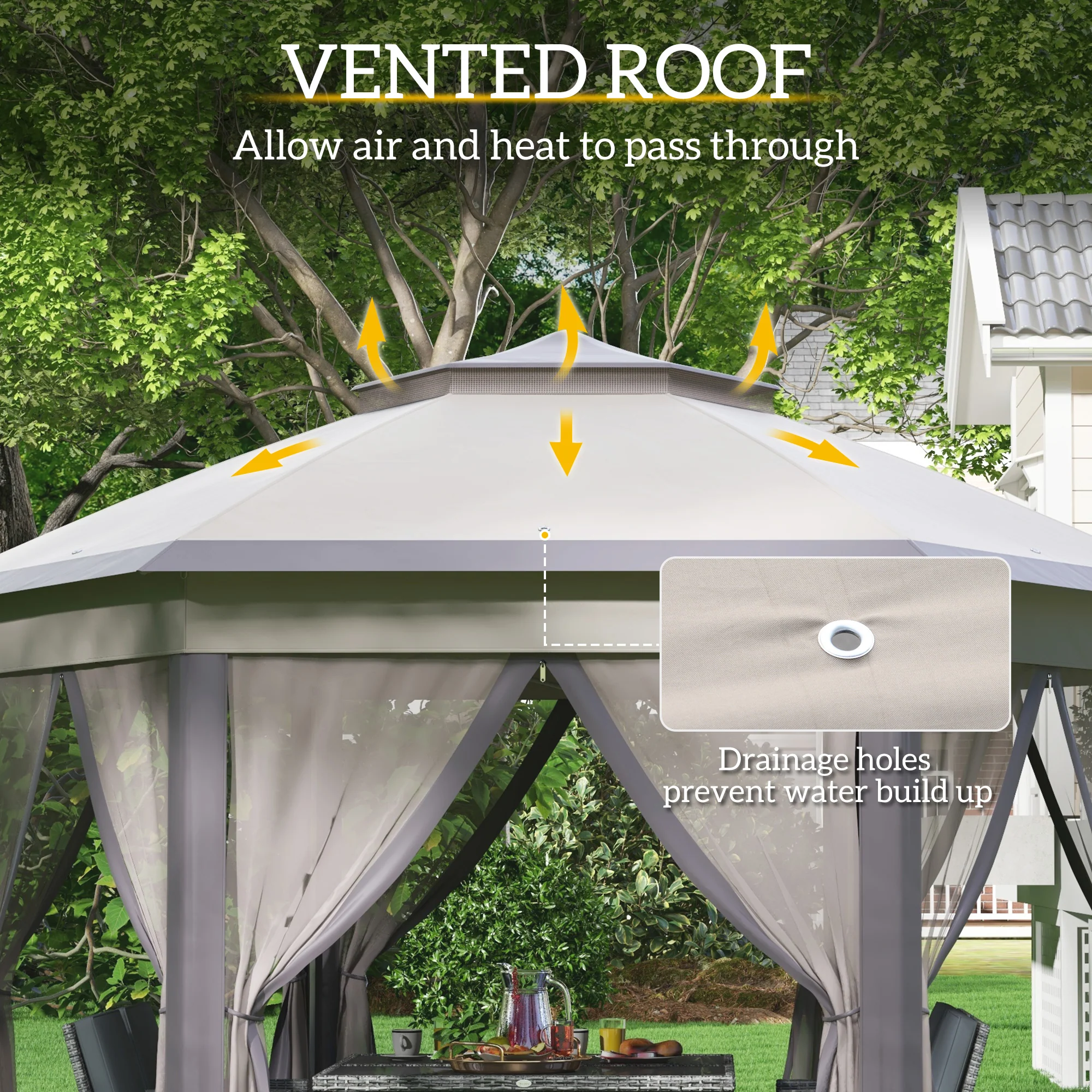 13' x 13' Hexagonal Pop-Up Gazebo Shelter with 6 Zippered Mesh Netting, Coffee and Beige - Image 7