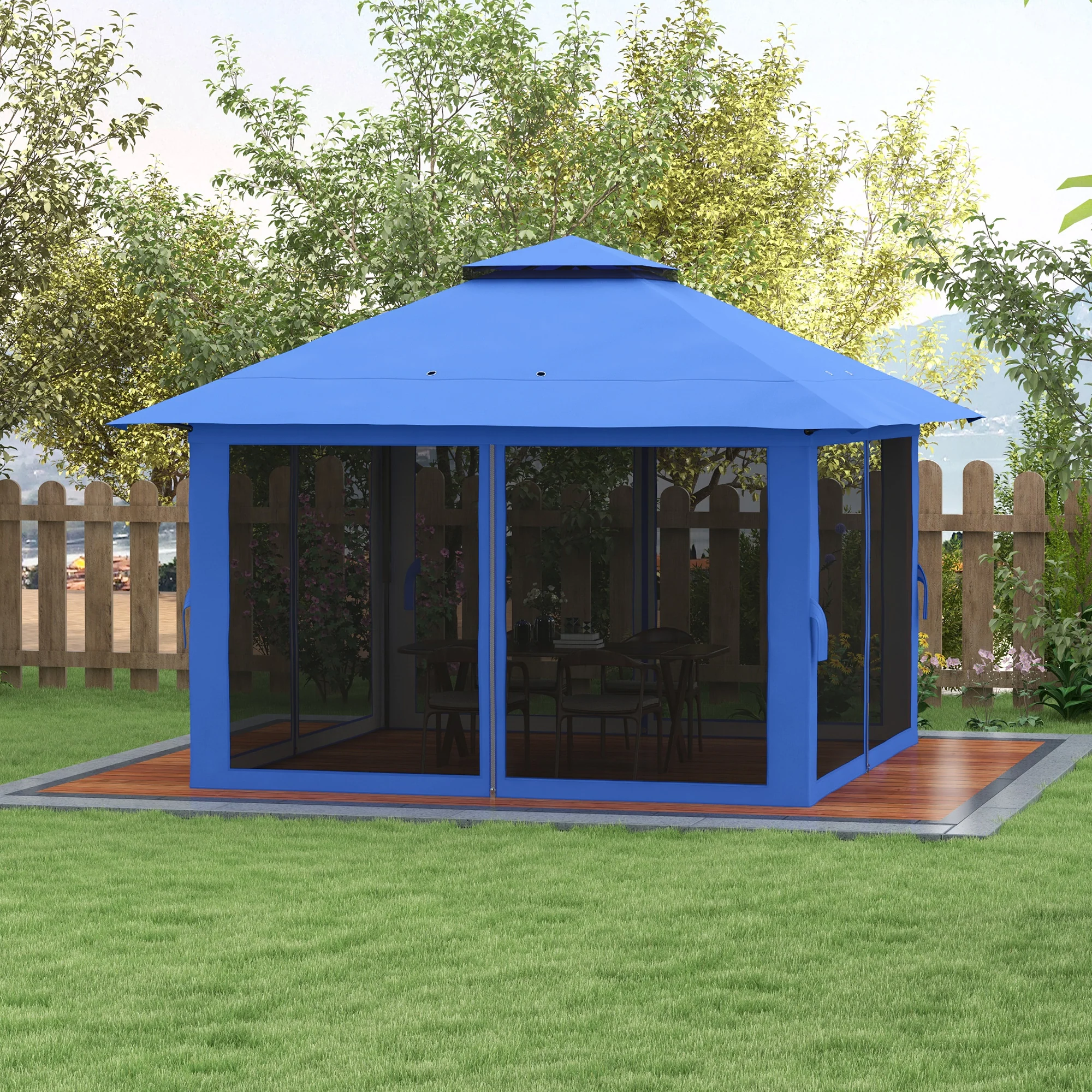 13' x 13' Pop Up Gazebo with 2-Tier Roof, Carry Bag & Weight Bags, Blue - Image 4