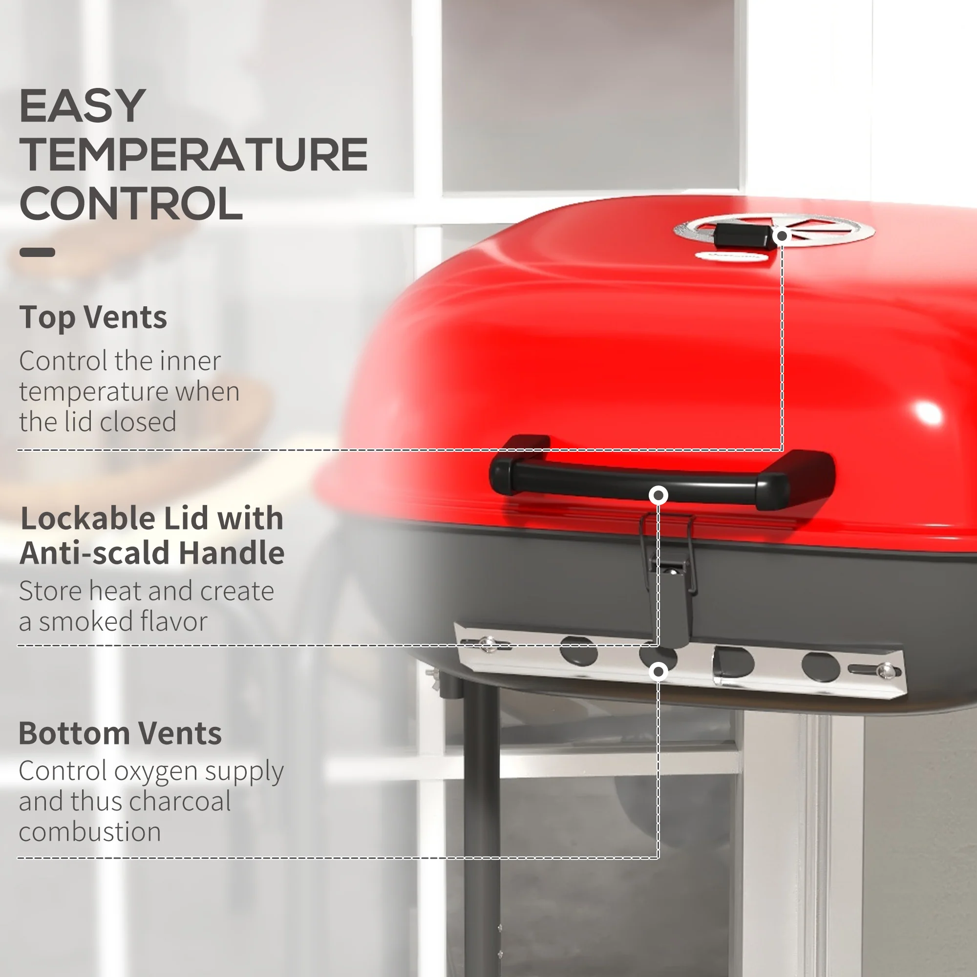 Portable Charcoal Grill with Wheels, 2 Side Tables & Adjustable Vents, Red - Image 6