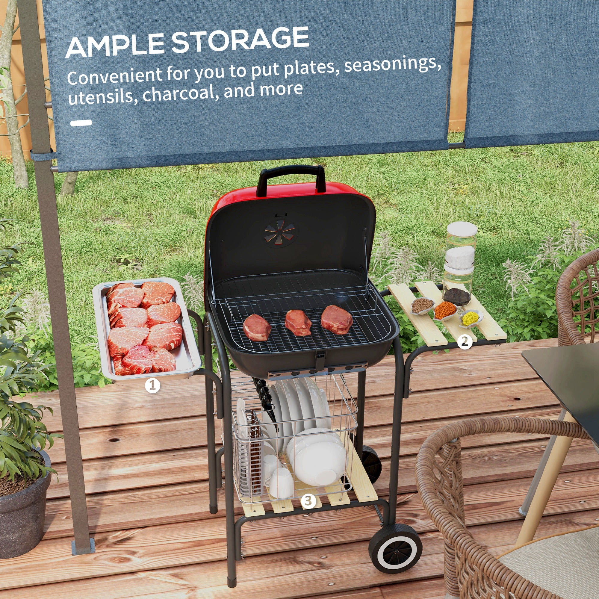 Portable Charcoal Grill with Wheels, 2 Side Tables & Adjustable Vents, Red - Image 7