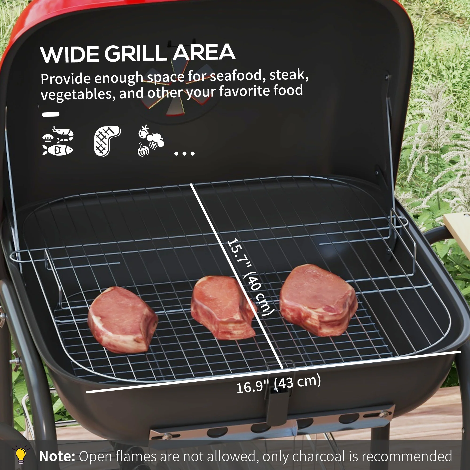 Portable Charcoal Grill with Wheels, 2 Side Tables & Adjustable Vents, Red - Image 9
