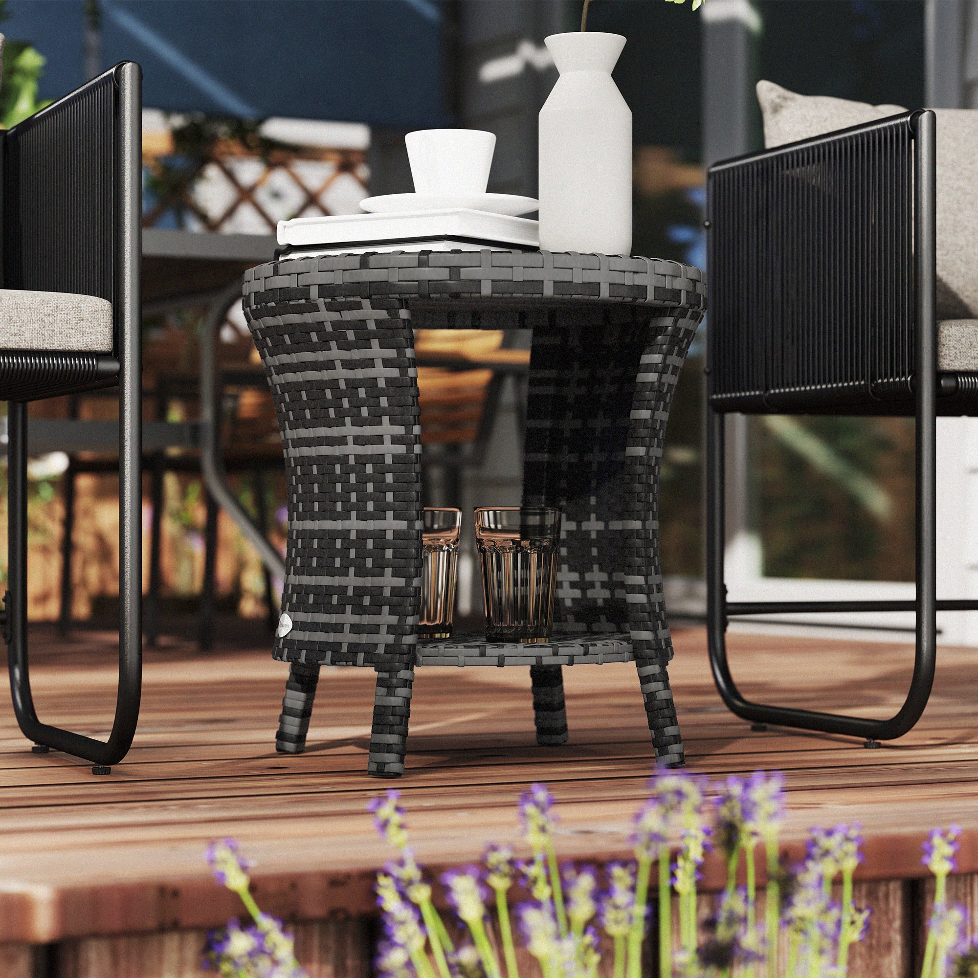 18" Rattan Patio Coffee Table, 2-Tier Outdoor Side Table with Composite Wood Top, Gray - Image 11