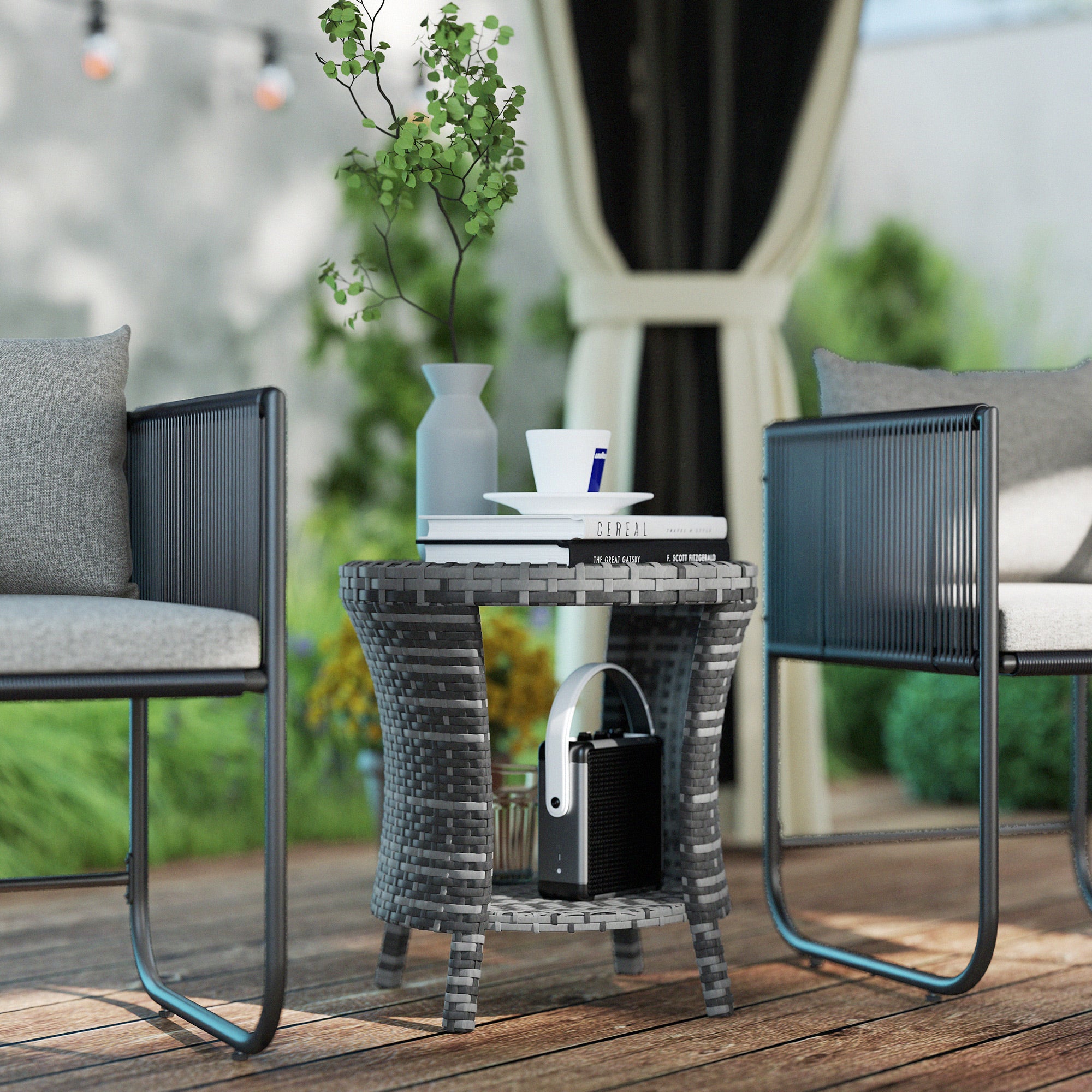 18" Rattan Patio Coffee Table, 2-Tier Outdoor Side Table with Composite Wood Top, Gray - Image 3