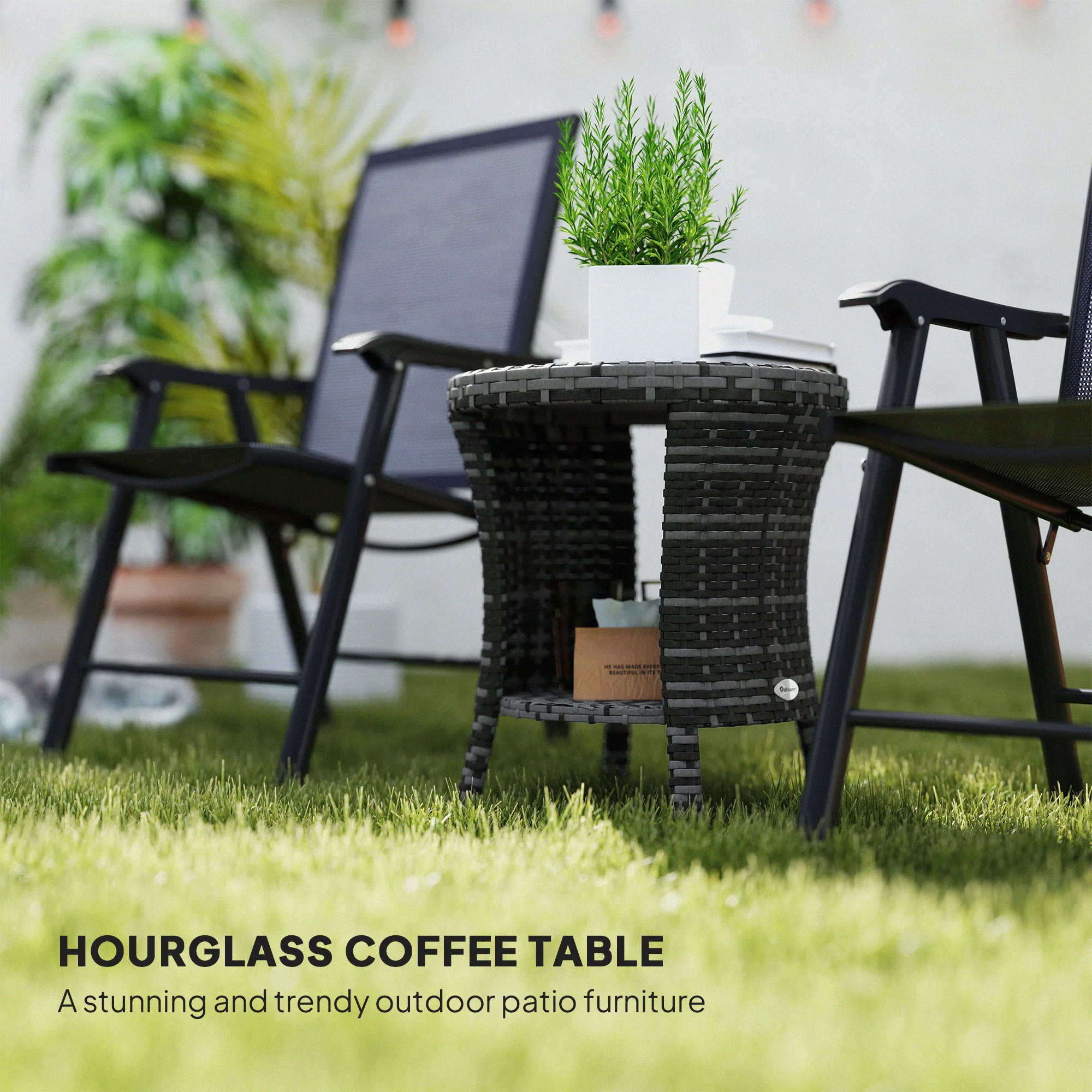 18" Rattan Patio Coffee Table, 2-Tier Outdoor Side Table with Composite Wood Top, Gray - Image 6