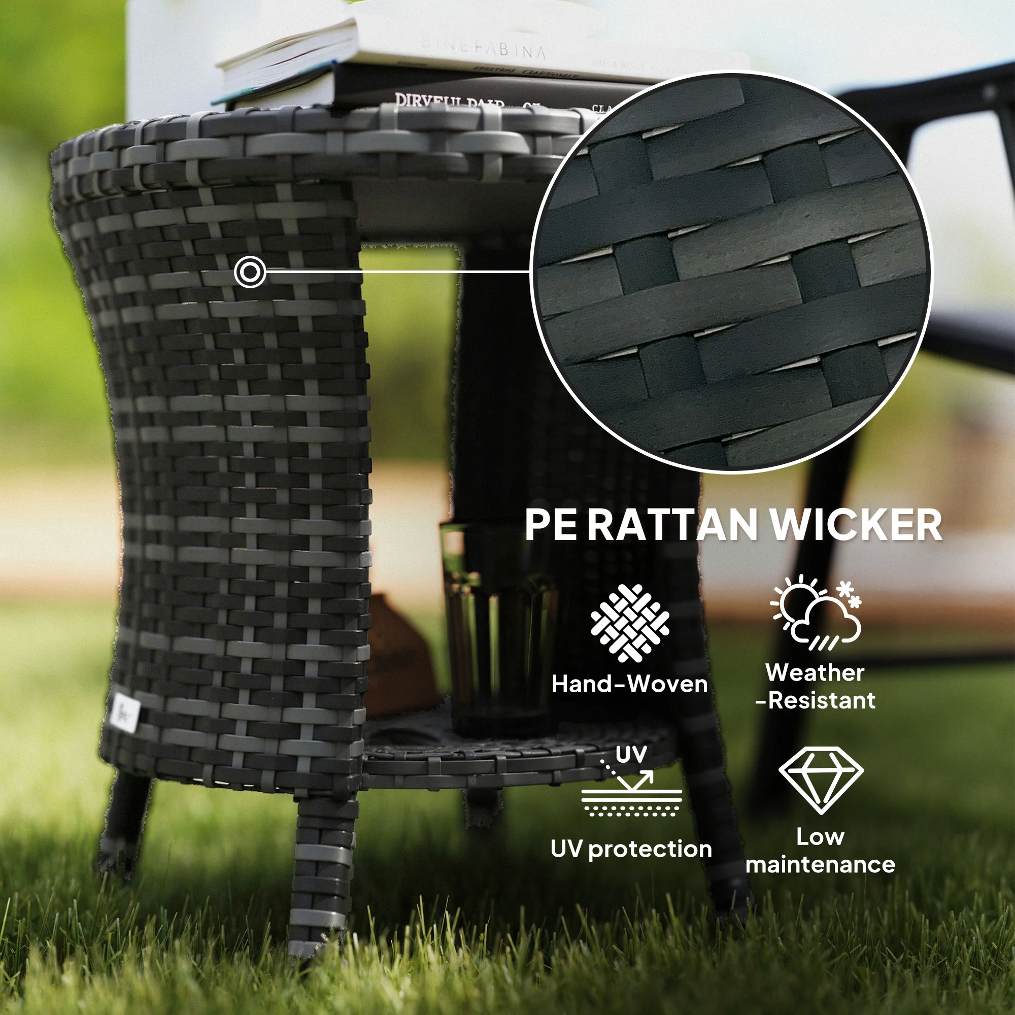 18" Rattan Patio Coffee Table, 2-Tier Outdoor Side Table with Composite Wood Top, Gray - Image 7