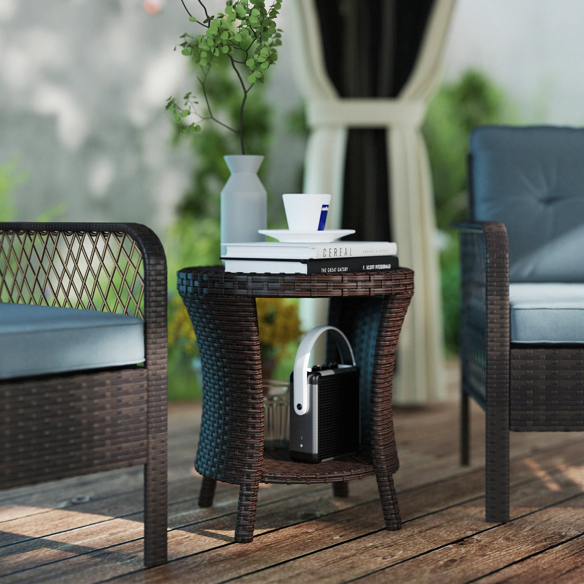 18" Rattan Patio Coffee Table, 2-Tier Outdoor Side Table with Composite Wood Top, Mixed Brown - Image 3