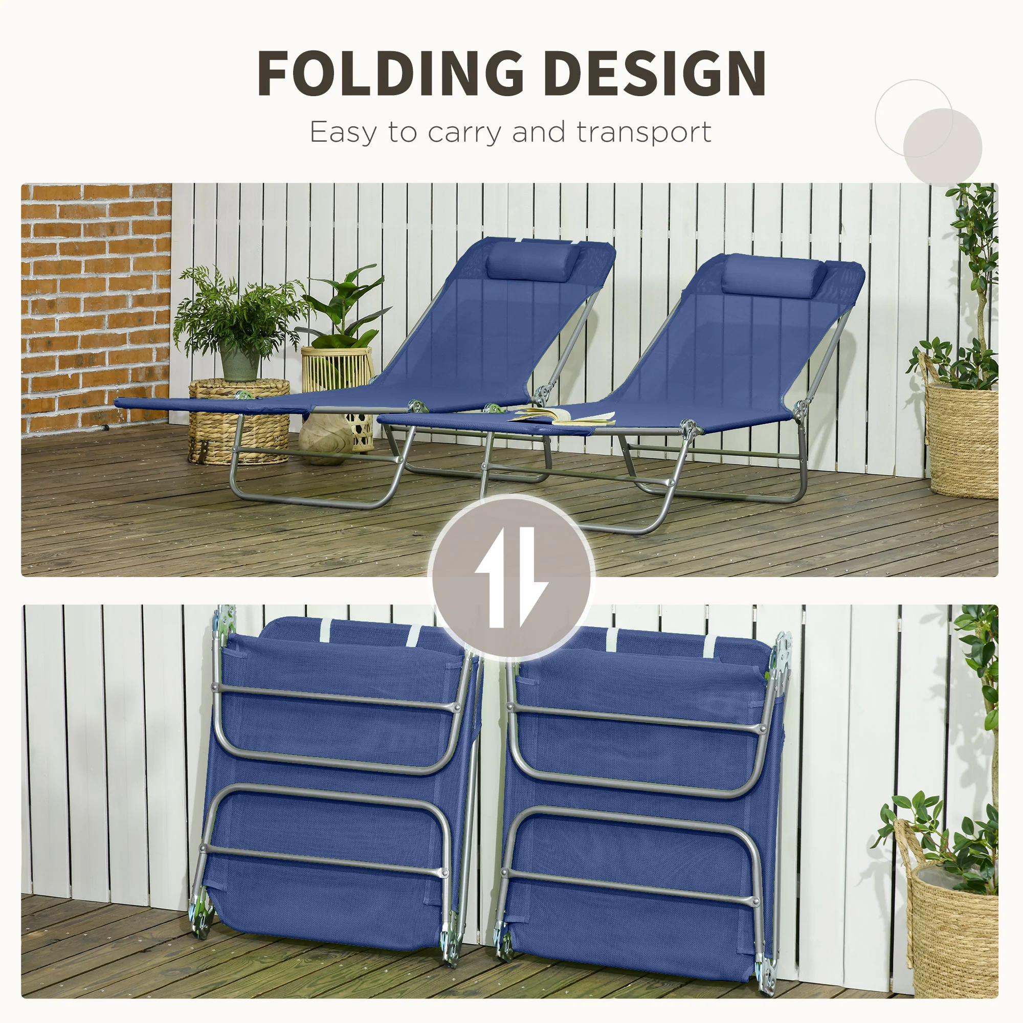 2-Piece Folding Sun Loungers with Reclining Back, Breathable Mesh & Headrest, Dark Blue - Image 7
