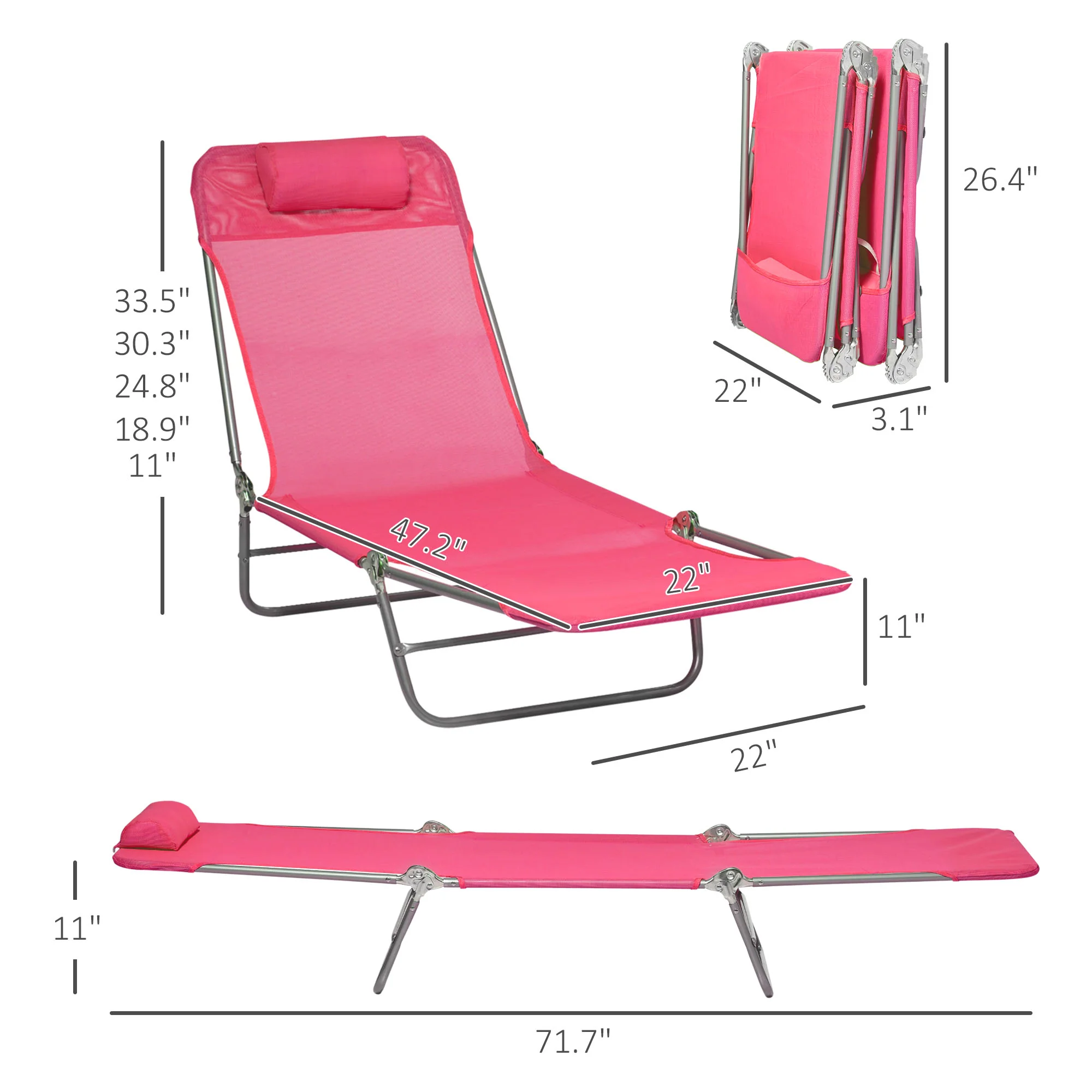 2 Piece Folding Chaise Lounge Chairs, with Reclining Back, Breathable Mesh Seat, Headrest, Pink - Image 5
