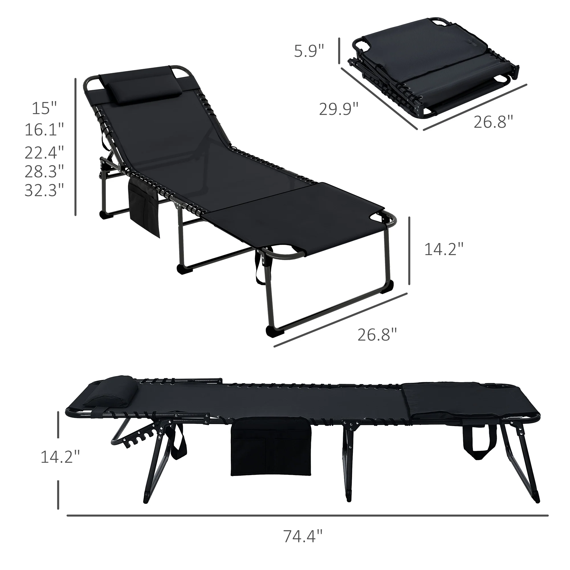 2-Piece Folding Chaise Lounge with 5-Level Reclining Back, Reading Hole & Side Pocket, Black - Image 5