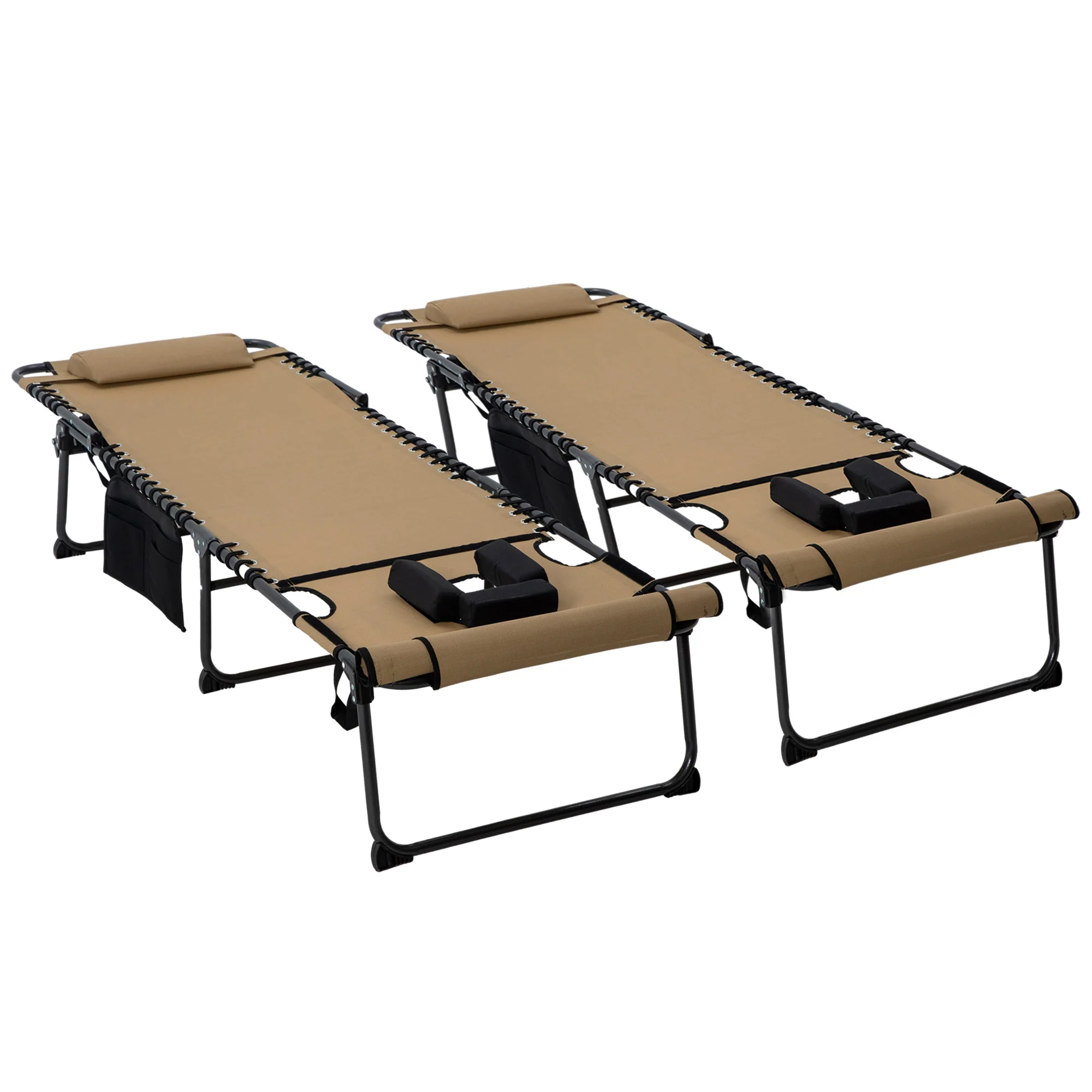2-Piece Folding Chaise Lounge with 5-Level Reclining Back, Reading Hole & Side Pocket, Beige - Image 12