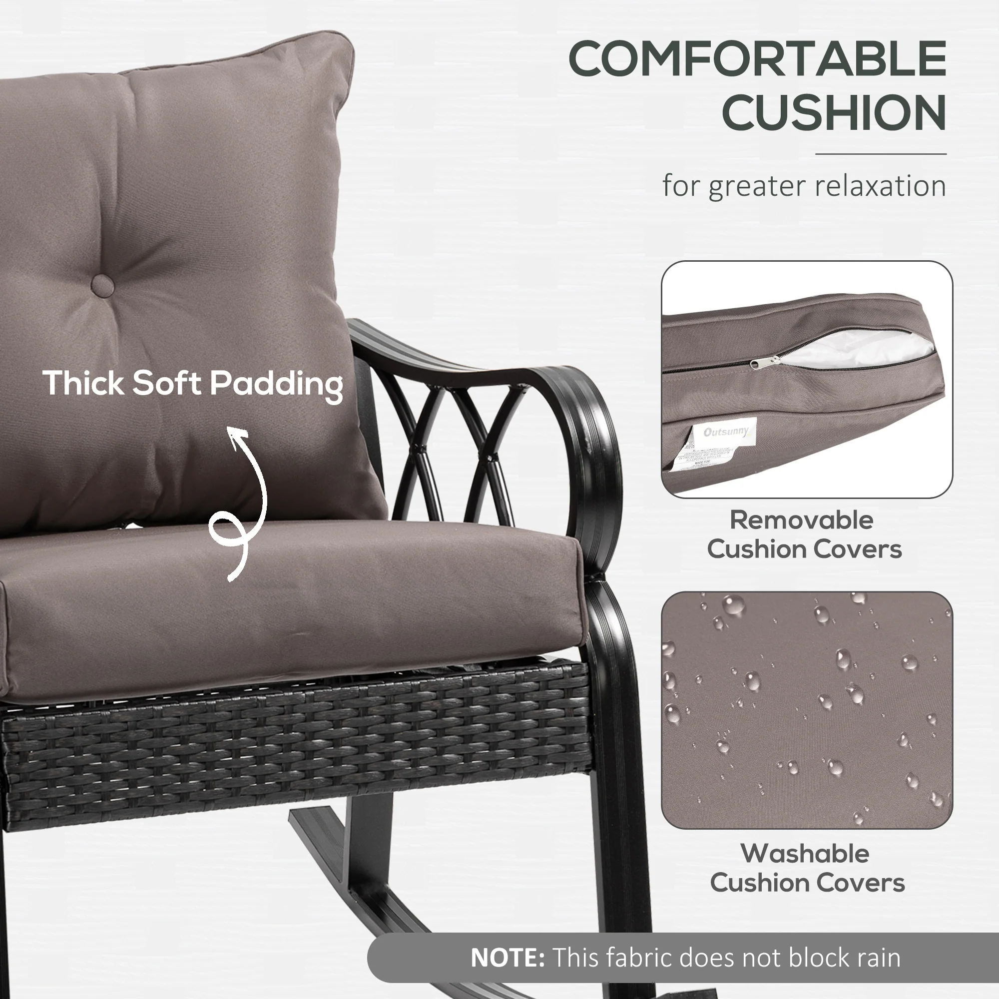 2 Pcs Patio Wicker Rocking Chairs with Removable Cushions, Outdoor Rattan Rockers, Gray - Image 7