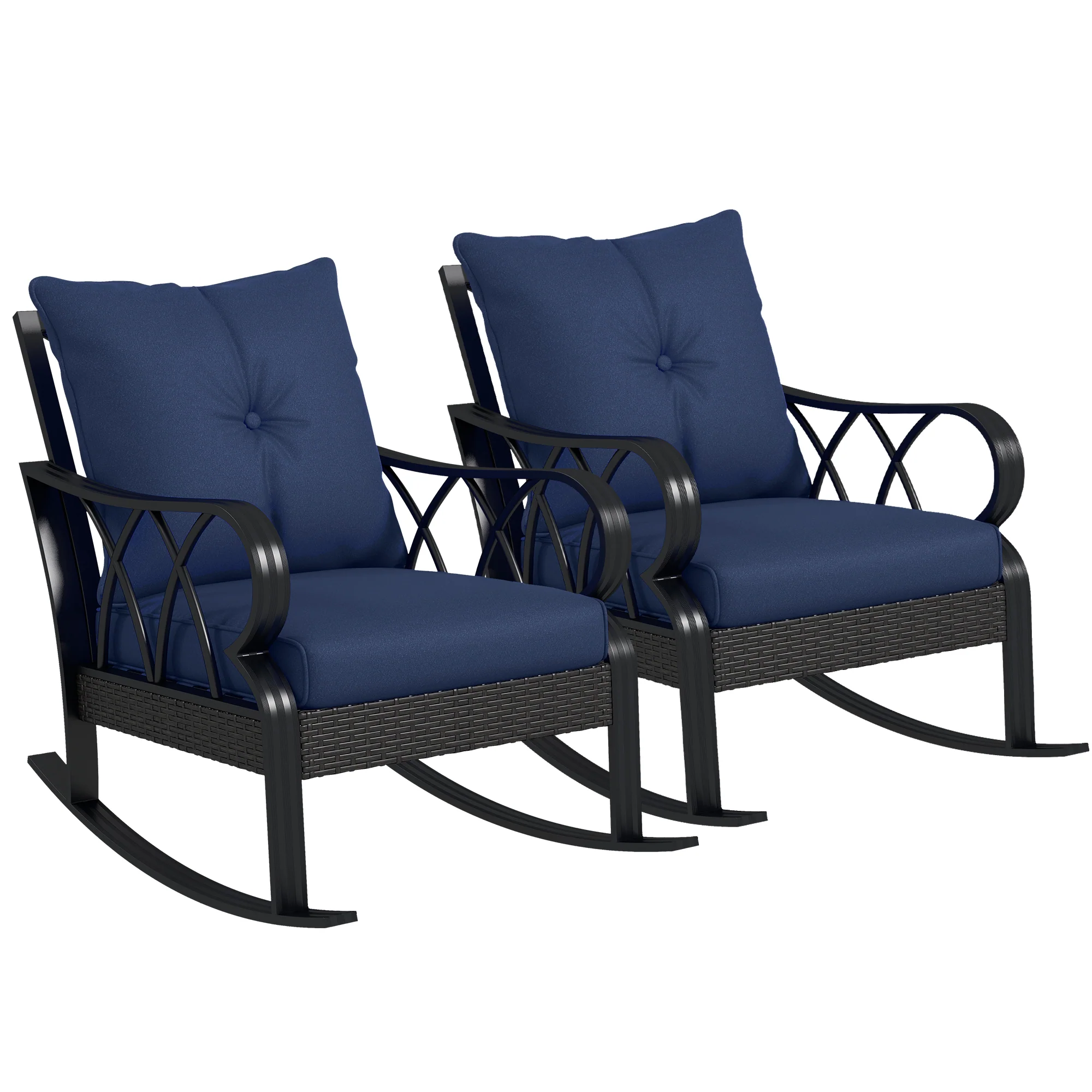2 Pc Patio Wicker Rocking Chairs with Removable Cushions, Outdoor Rattan Rockers, Blue