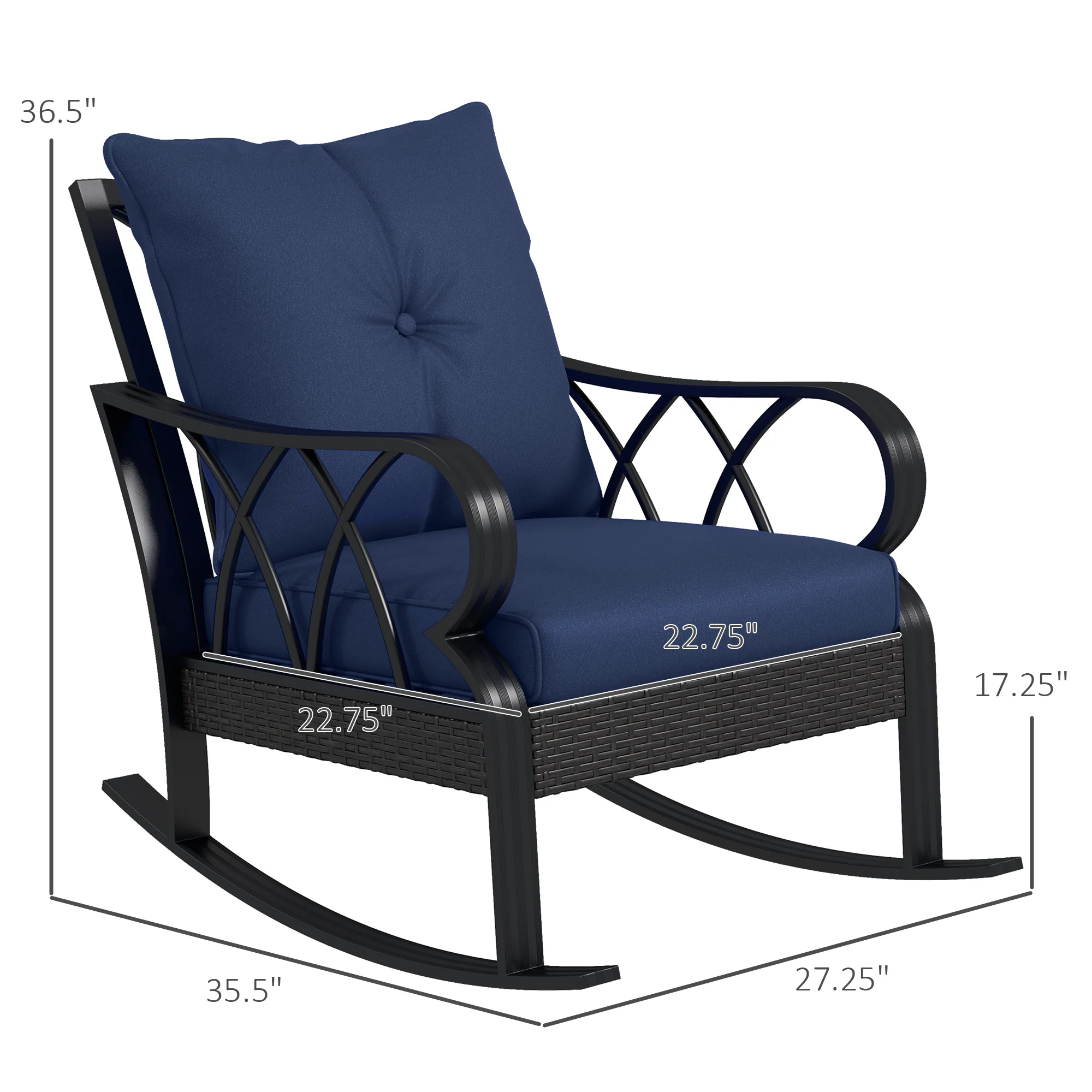 2 Pc Patio Wicker Rocking Chairs with Removable Cushions, Outdoor Rattan Rockers, Blue - Image 5