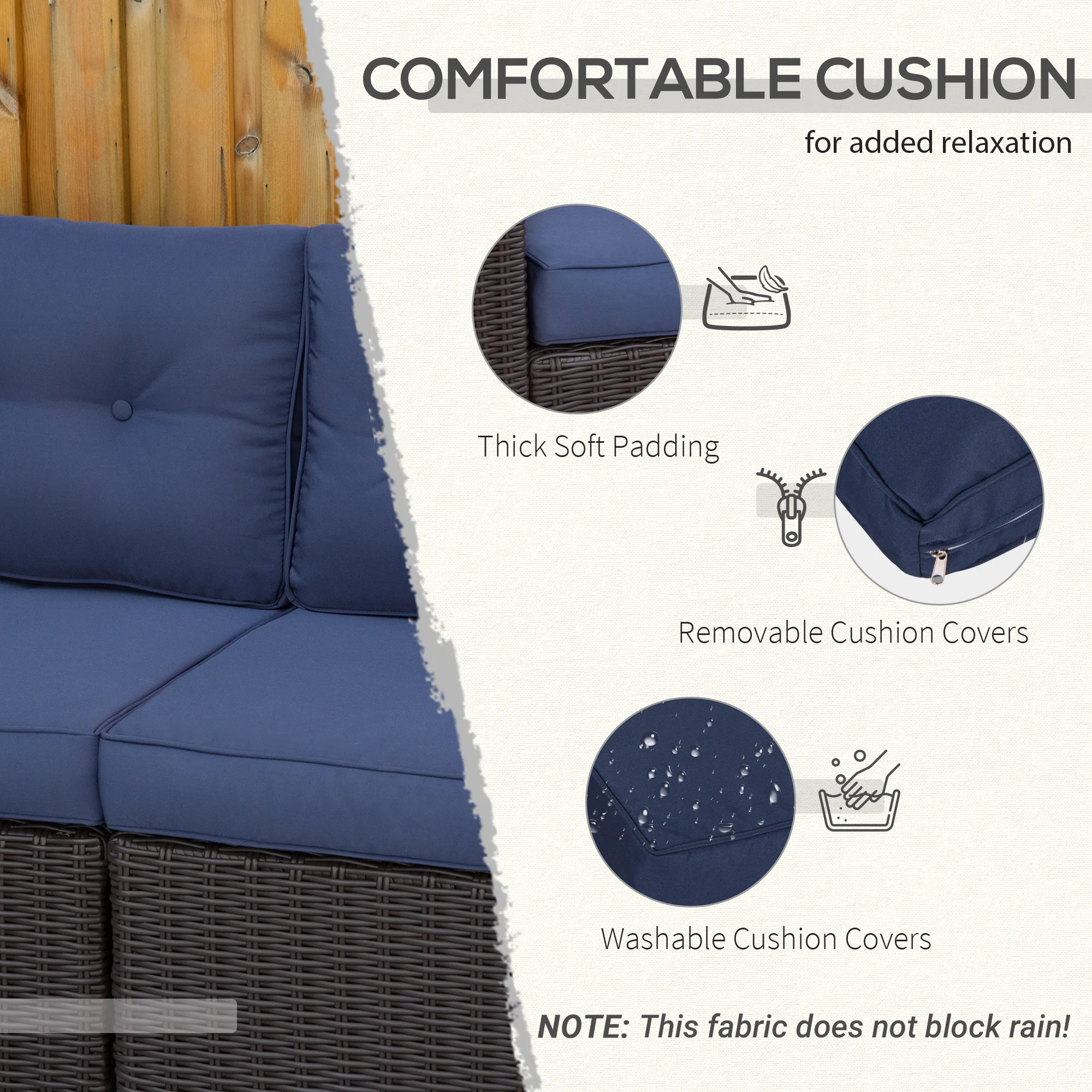 2-Piece Patio Corner Sofa Set with Curved Armrests & Padded Cushions, Dark Blue - Image 7