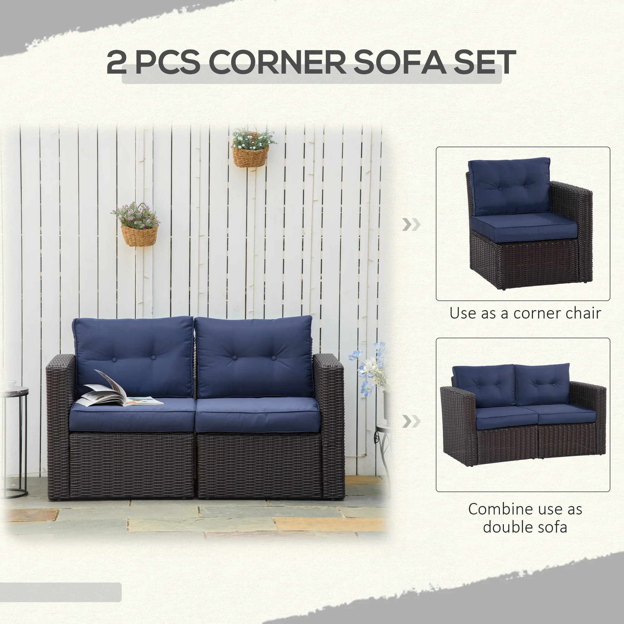 2-Piece Patio Corner Sofa Set with Curved Armrests & Padded Cushions, Dark Blue - Image 9