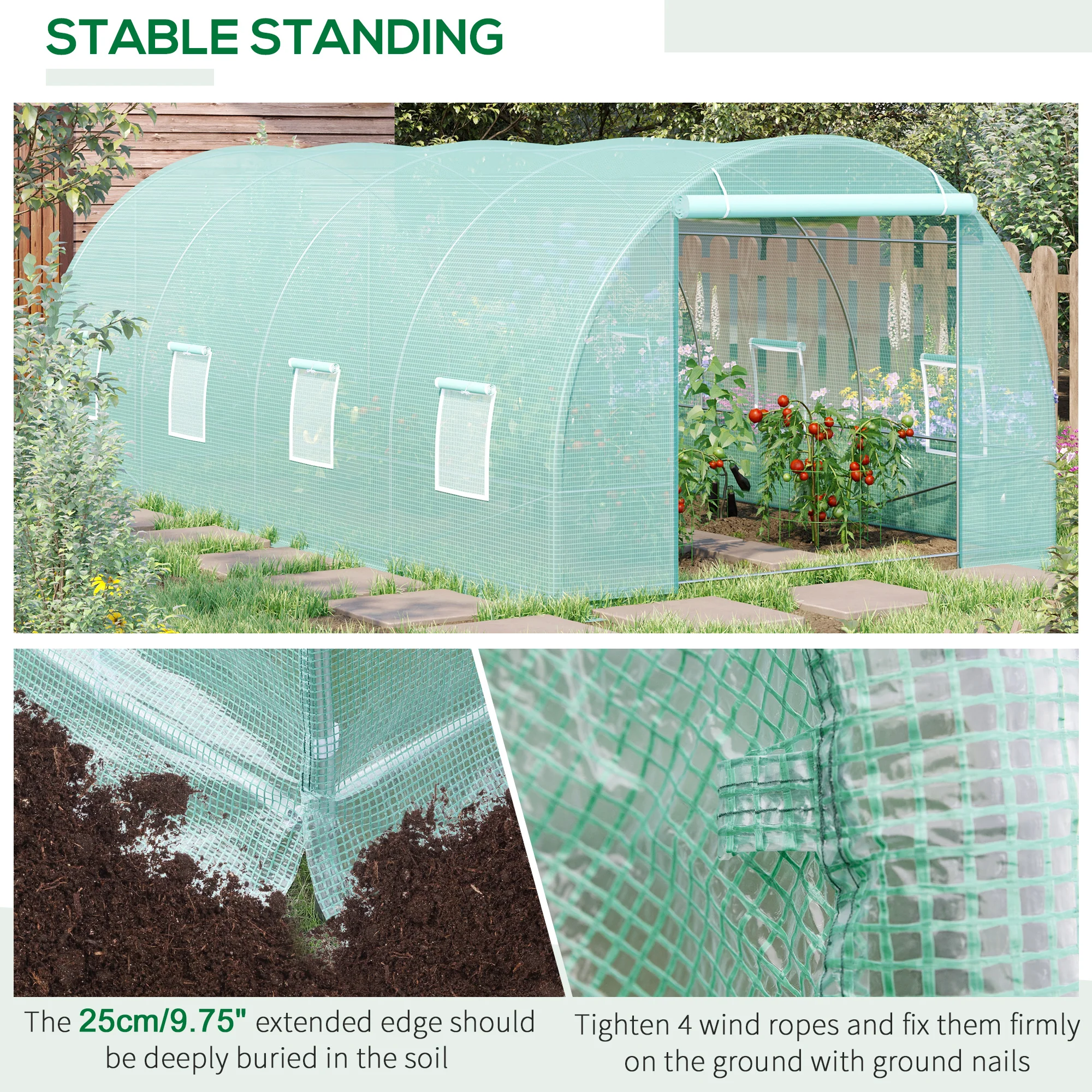 20' x 10' x 7' Walk-In Tunnel Greenhouse with Zippered Door & 8 Mesh Windows, Green - Image 8