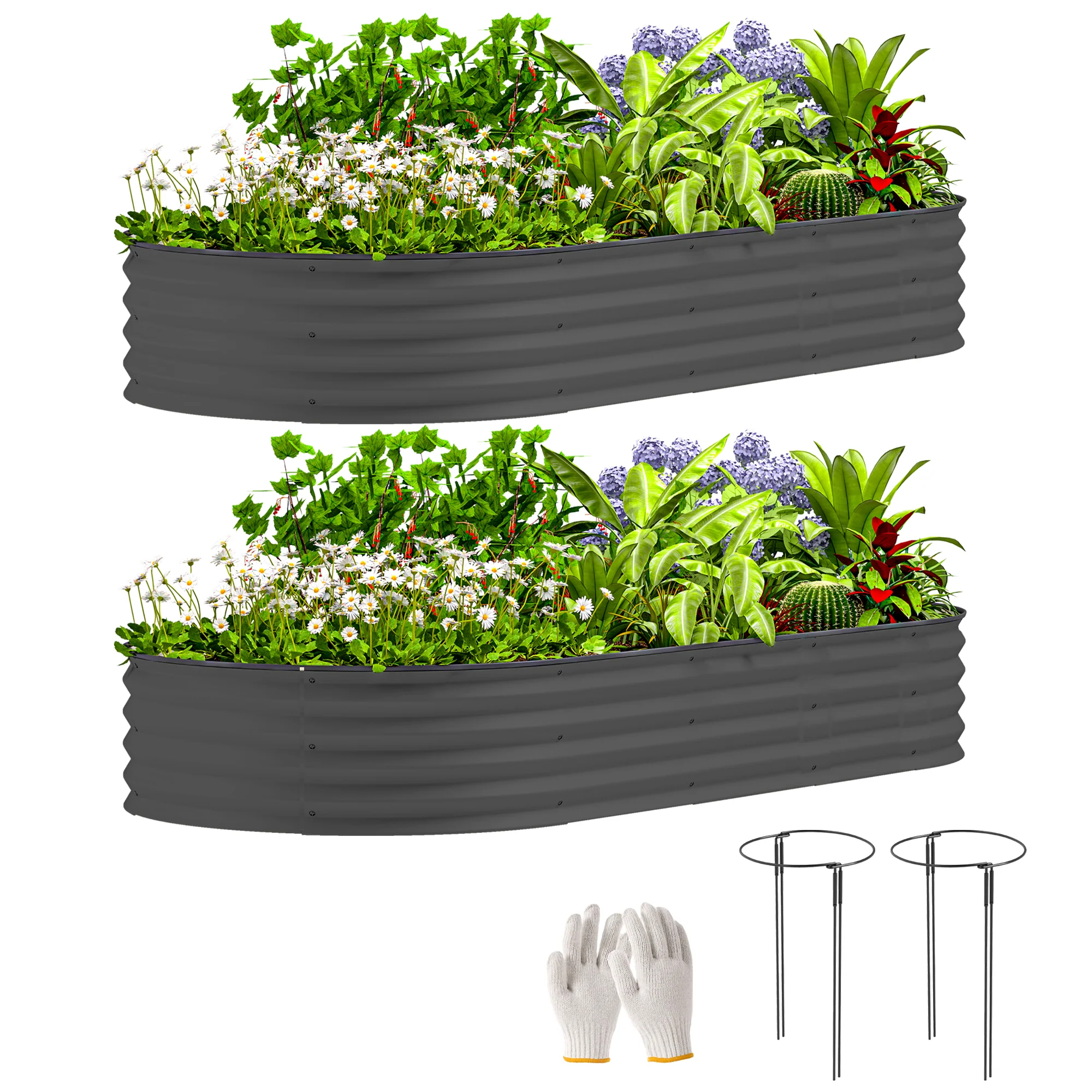 2PCS Galvanized Raised Garden Bed, 7' x 3' x 1' Raised Beds for Gardening with Plant Support Stakes and Rubber Strap Edging, Metal Planter Box for Vegetables, Flowers, Dark Gray