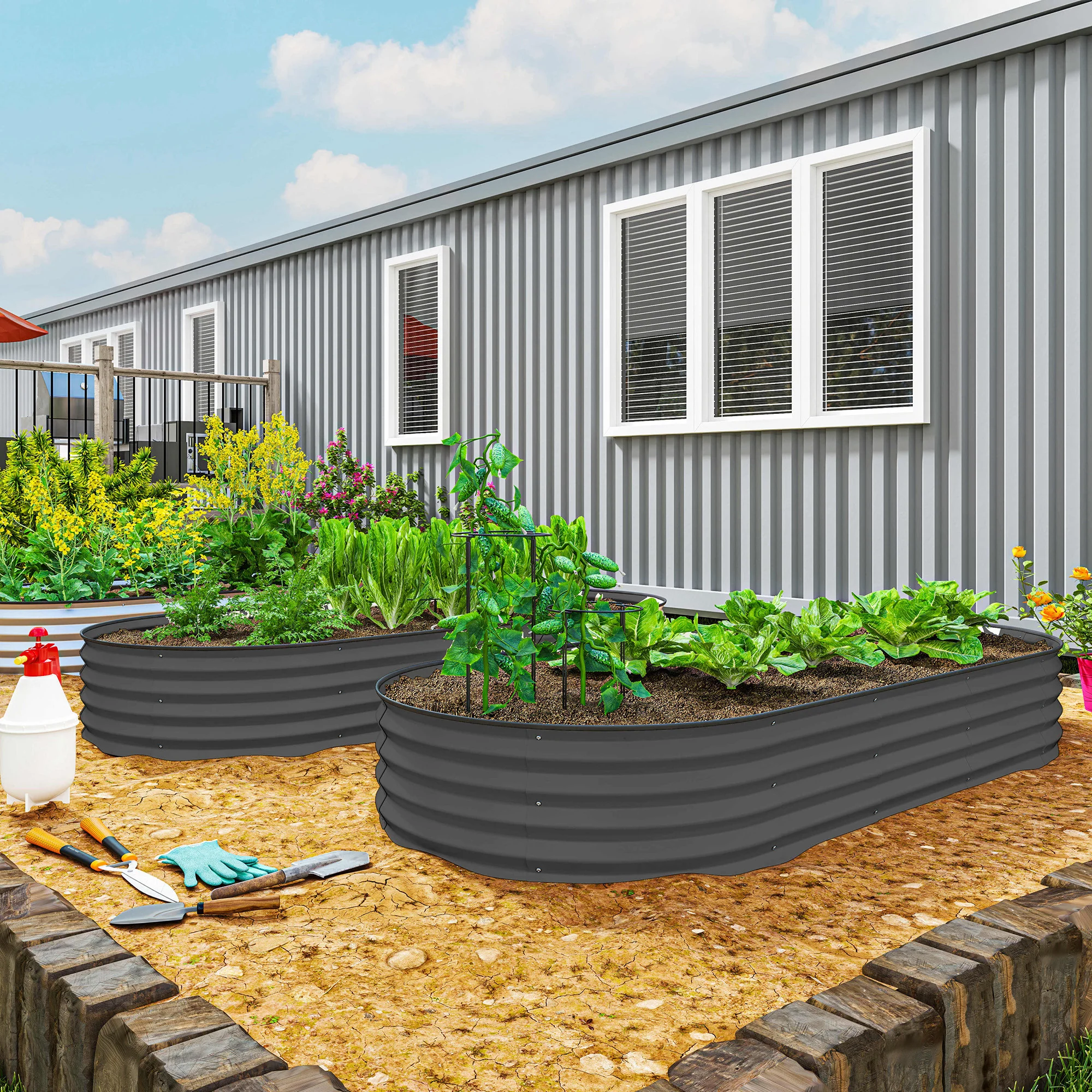 2PCS Galvanized Raised Garden Bed, 7' x 3' x 1' Raised Beds for Gardening with Plant Support Stakes and Rubber Strap Edging, Metal Planter Box for Vegetables, Flowers, Dark Gray - Image 3
