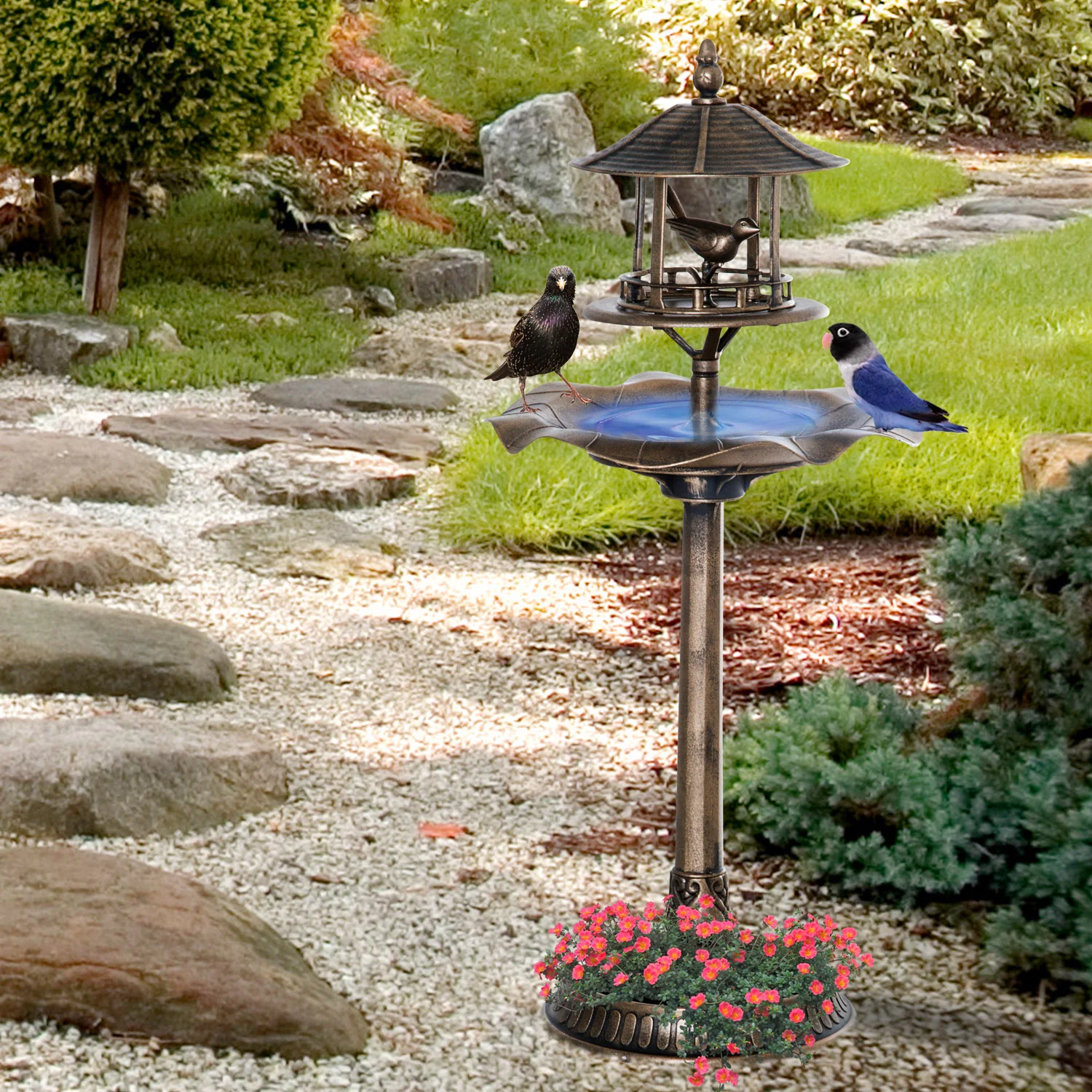 Antique Gold 3-in-1 Garden Bird Bath with Feeder & Underneath Flower Planter - Image 3