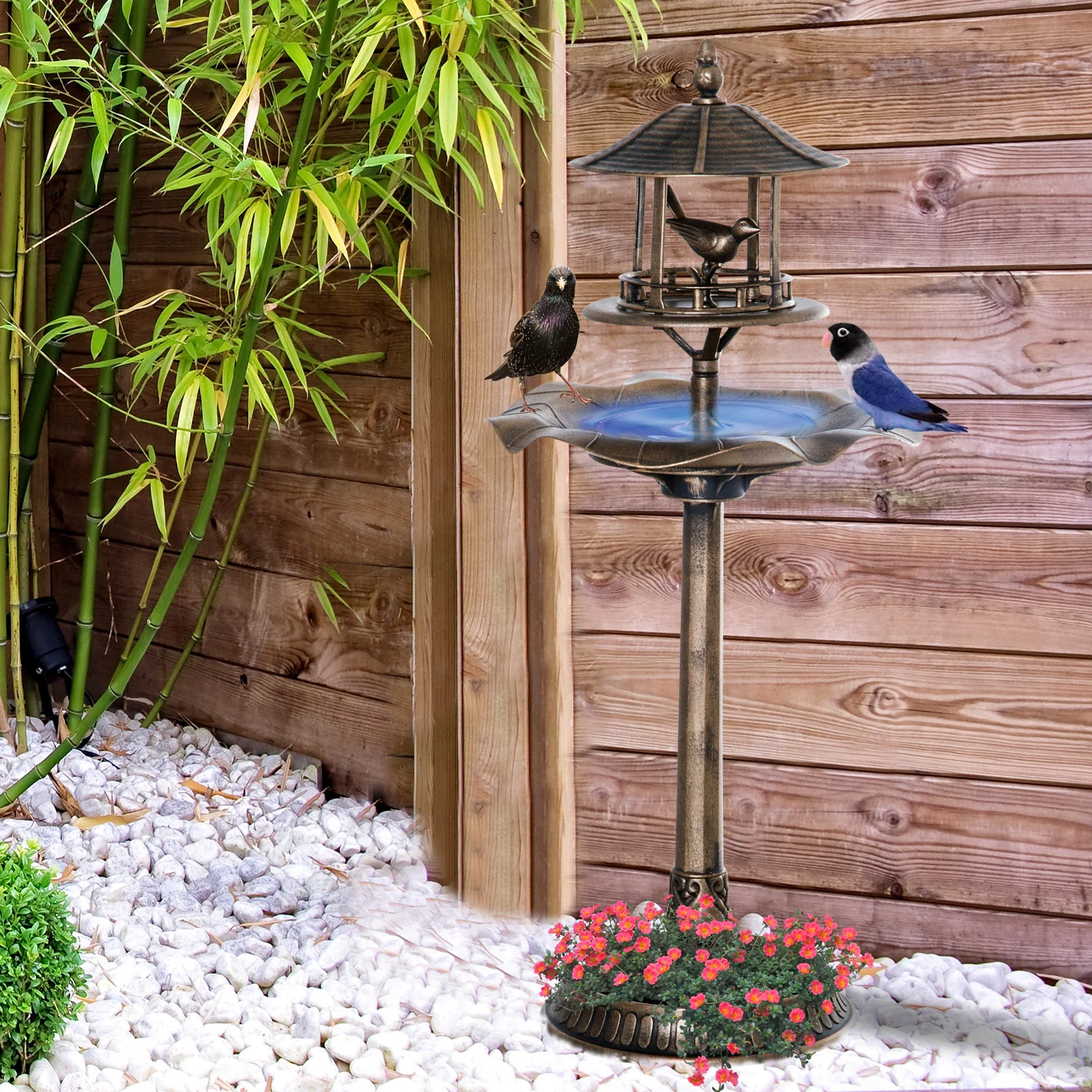Antique Gold 3-in-1 Garden Bird Bath with Feeder & Underneath Flower Planter - Image 4