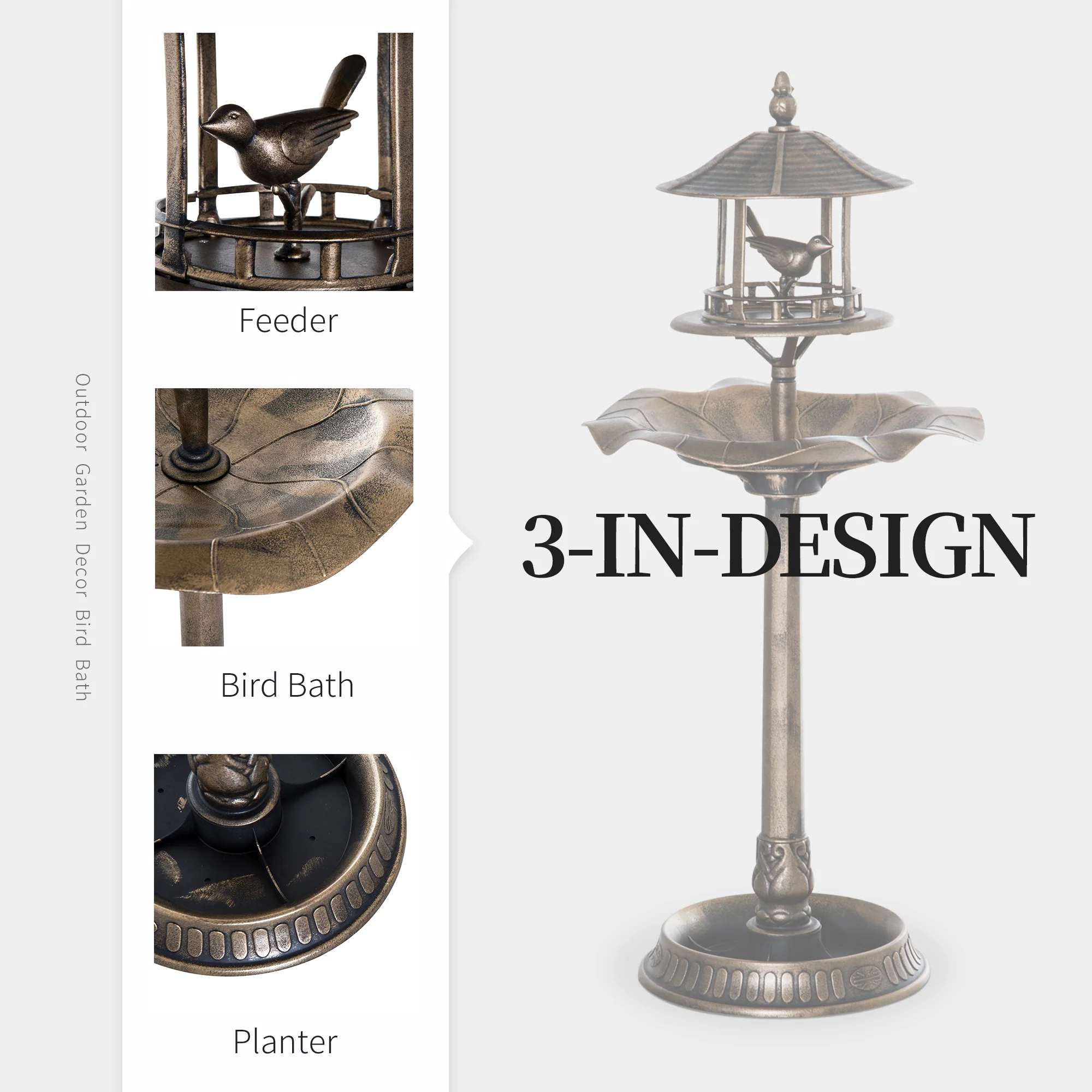 Antique Gold 3-in-1 Garden Bird Bath with Feeder & Underneath Flower Planter - Image 6