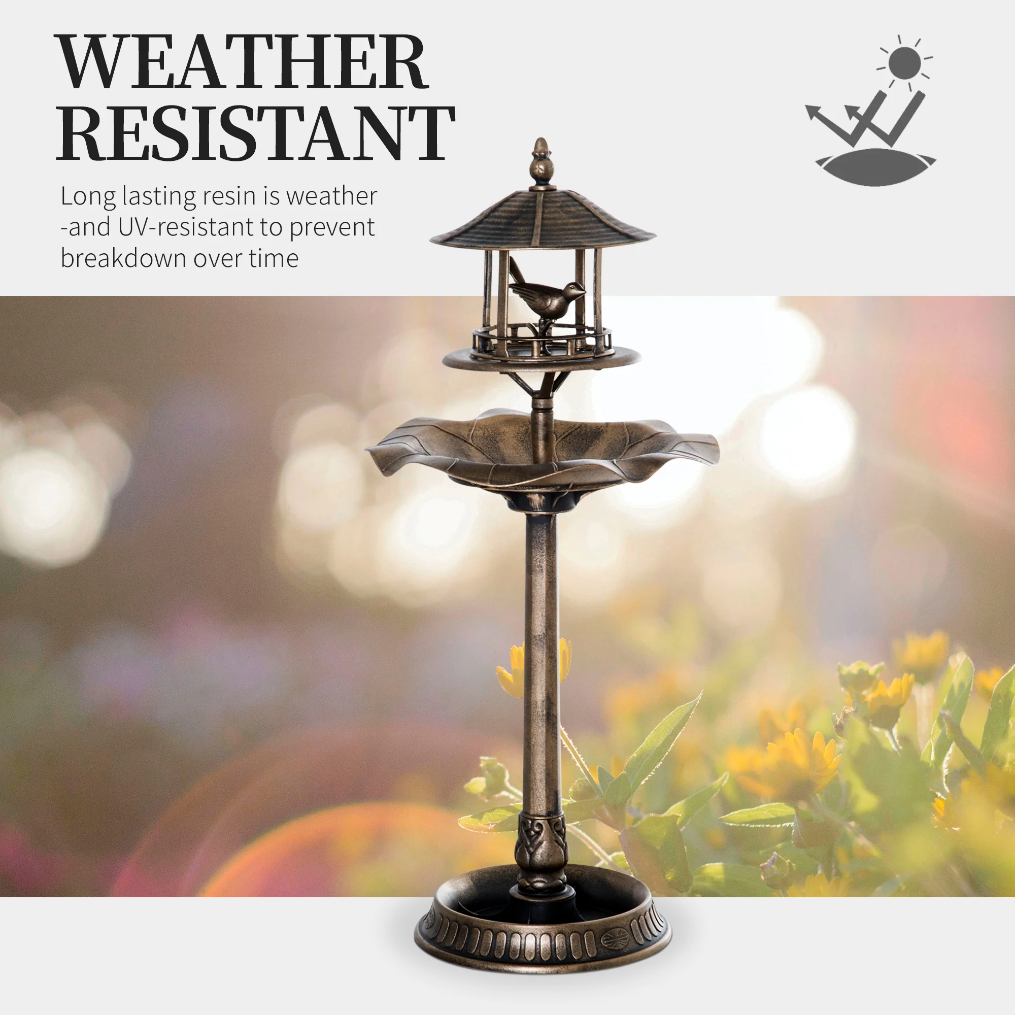 Antique Gold 3-in-1 Garden Bird Bath with Feeder & Underneath Flower Planter - Image 8
