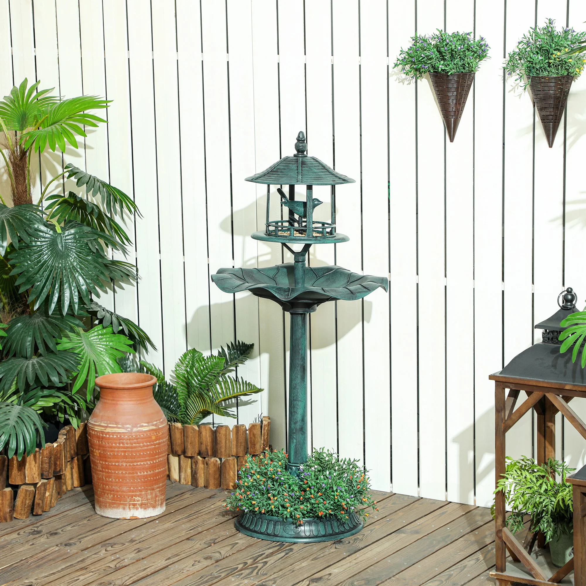 3-in-1 Garden Bird Bath Pedestal, Large Water Basin, Underneath Flower Planter, Green - Image 4