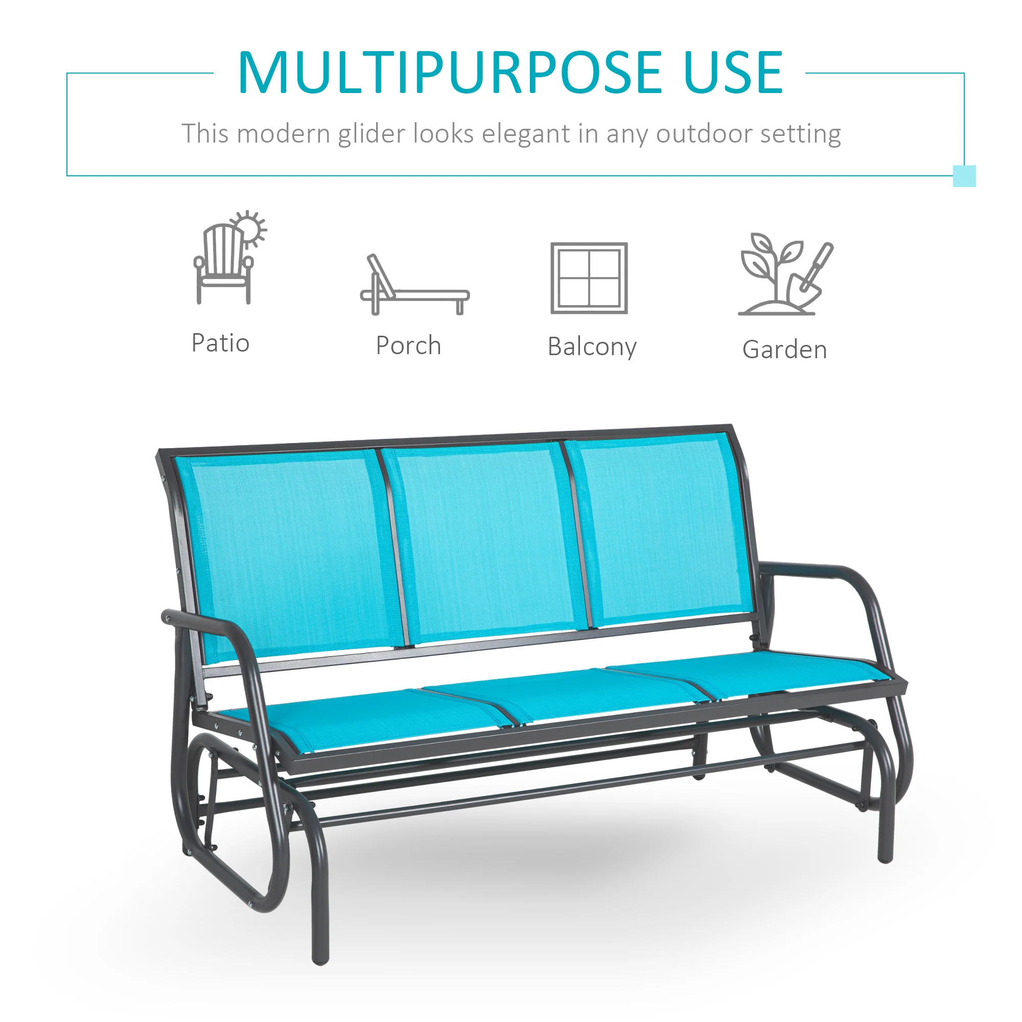 3-Person Outdoor Glider Bench with Breathable Mesh Fabric, Metal Frame, Blue - Image 7