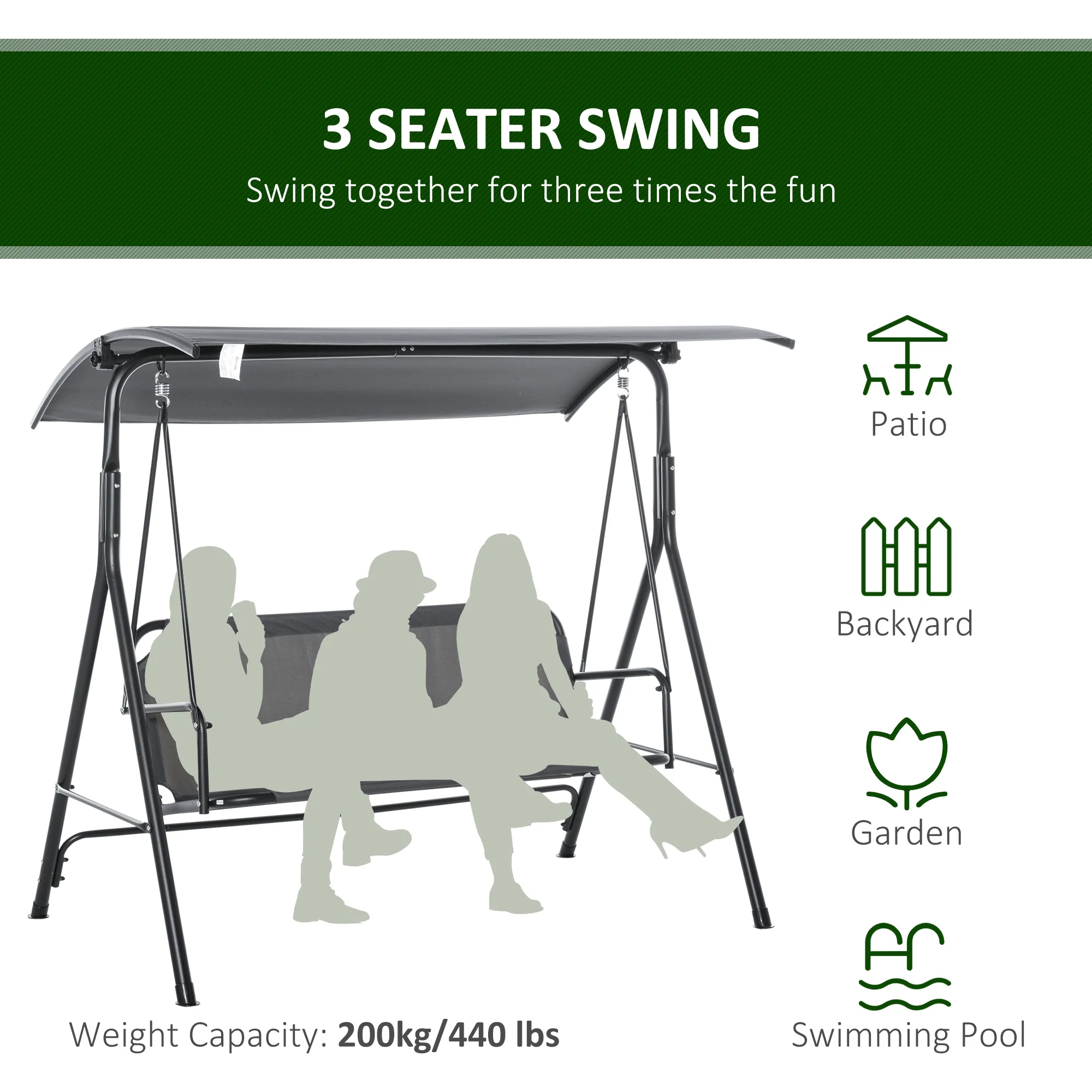 3-Person Porch Swing with Adjustable Canopy, Bench Seat & Steel Stand in Gray - Image 9