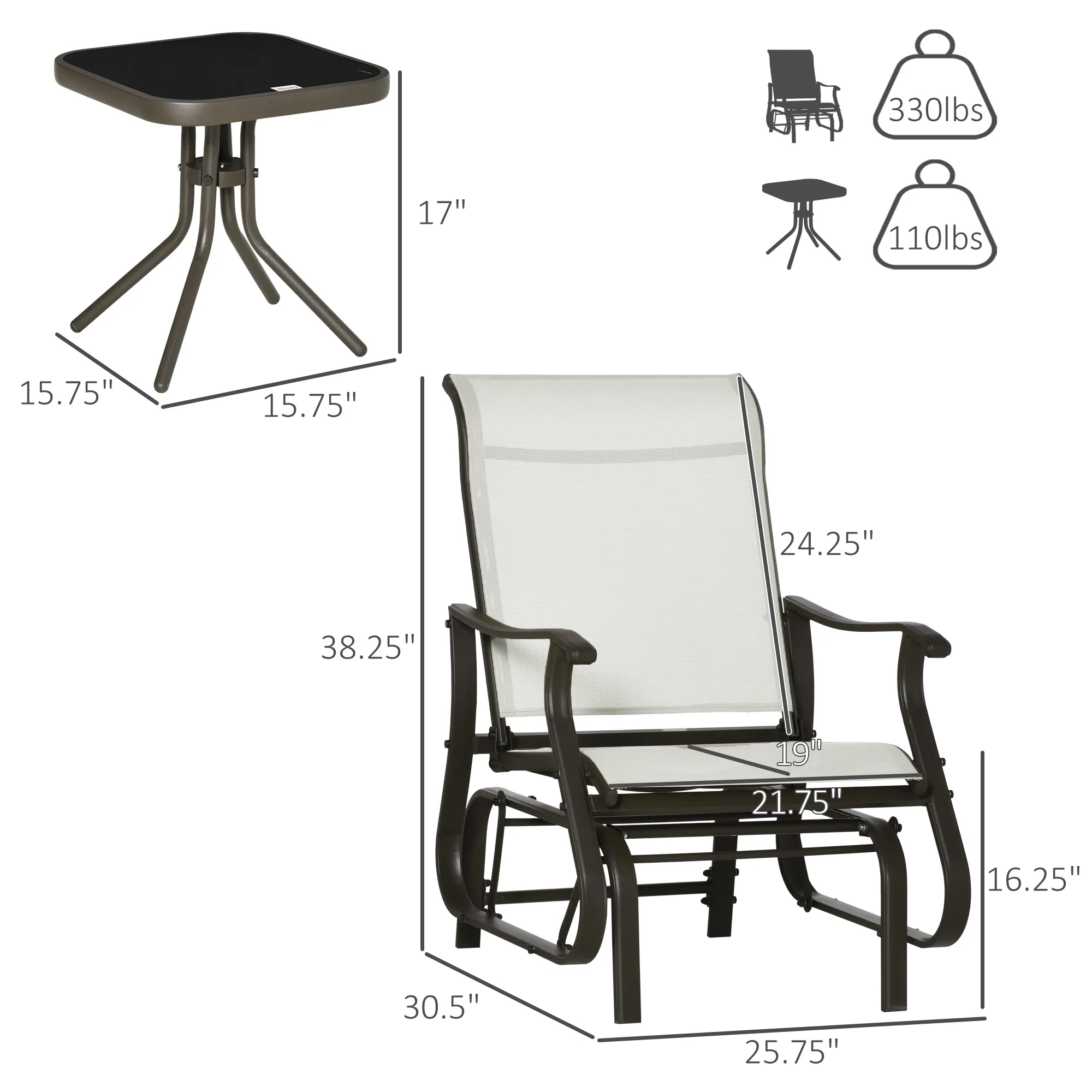 2-Person Gliding Rocking Chair & Bistro Tea Table Set, Cream White - Image 5