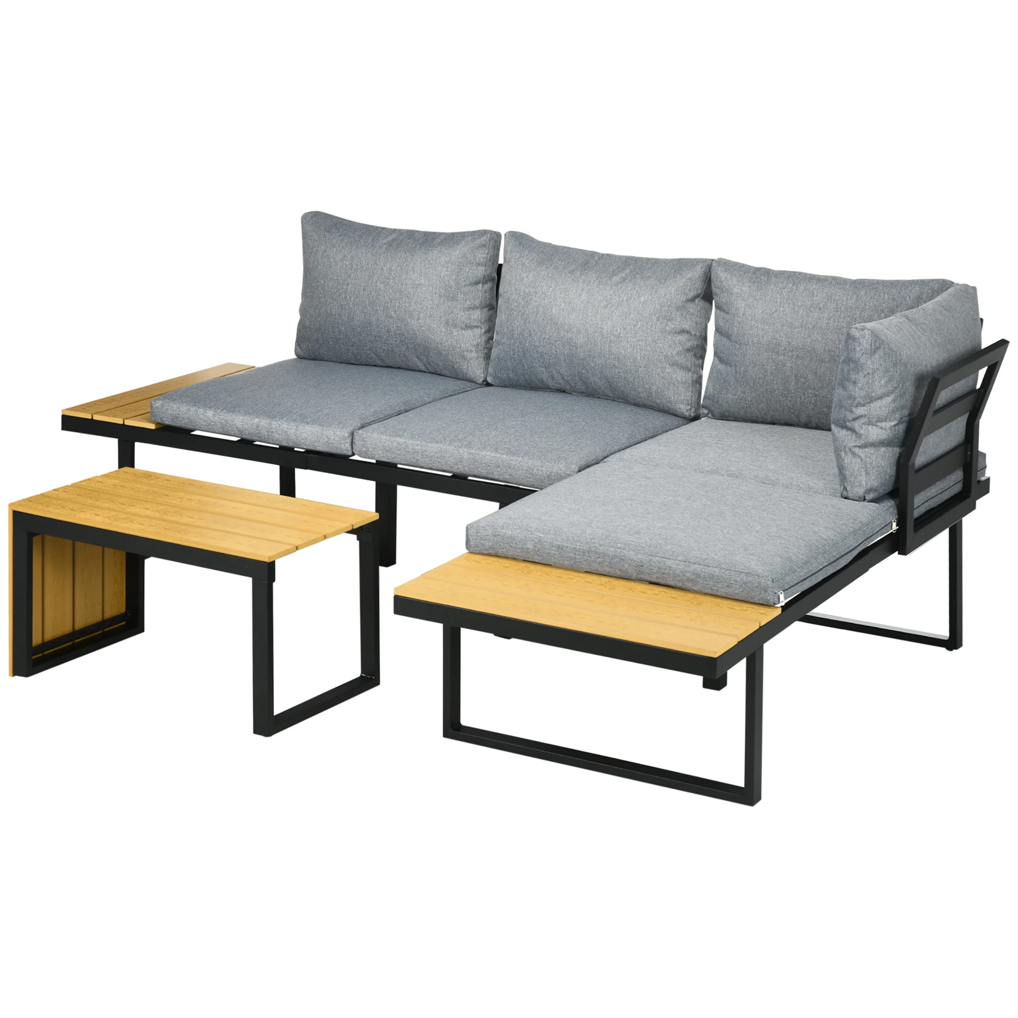 3-Piece Patio Furniture Set with Cushions, Aluminum Frame & Wood Grain Table, Dark Gray - Image 2