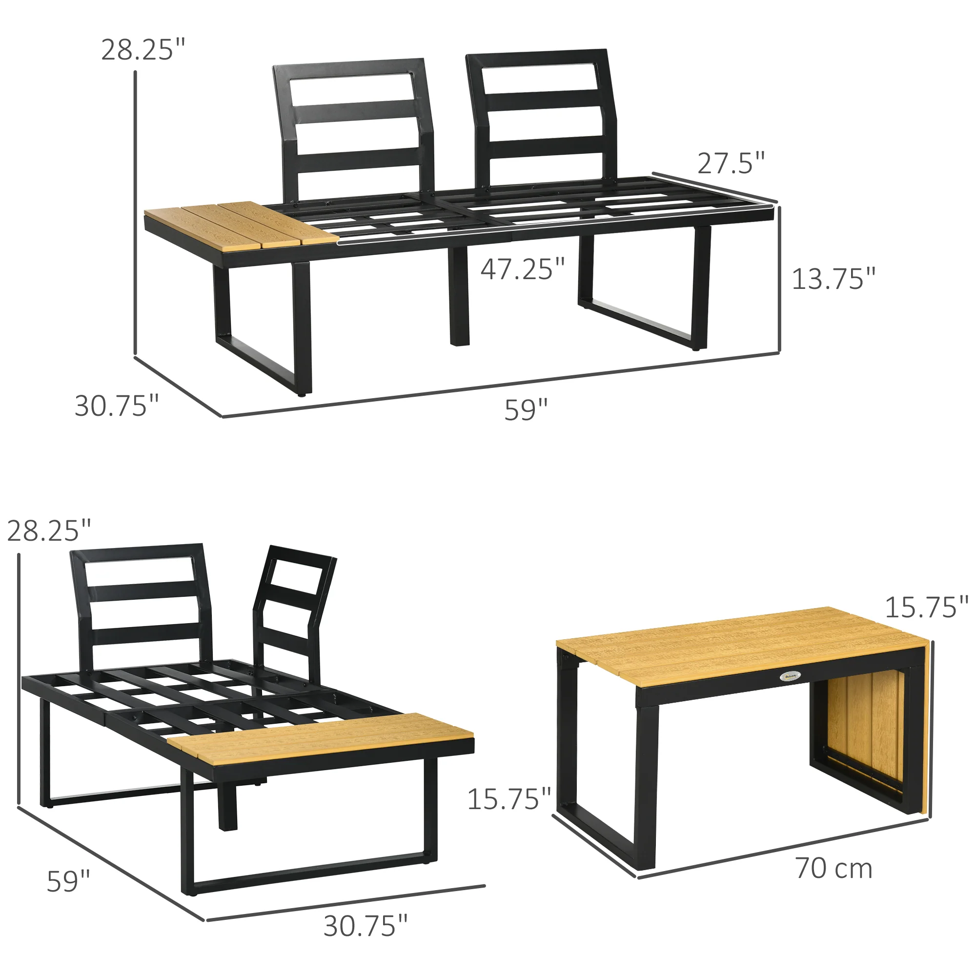 3-Piece Patio Furniture Set with Cushions, Aluminum Frame & Wood Grain Table, Dark Gray - Image 5