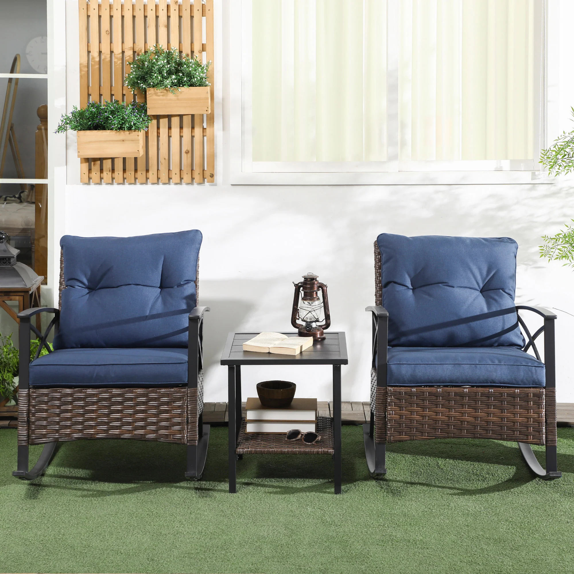 3 Piece Outdoor Rocking Chair Set with 2 Cushioned Rockers and 2 Tier Coffee Table, Dark Blue - Image 4