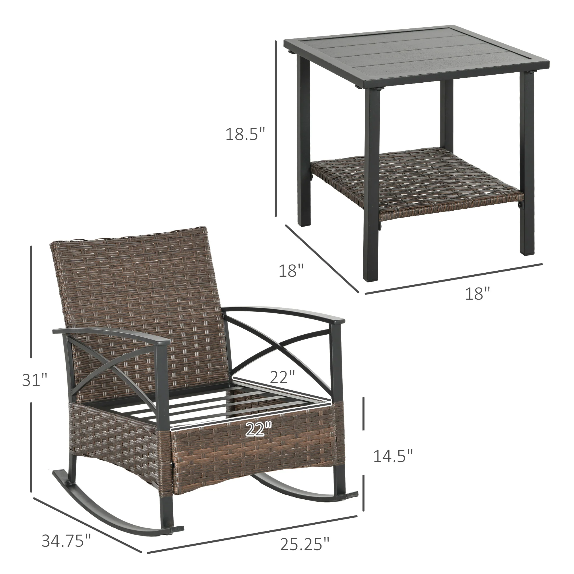 3 Piece Outdoor Rocking Chair Set with 2 Cushioned Rockers and 2 Tier Coffee Table, Dark Blue - Image 5