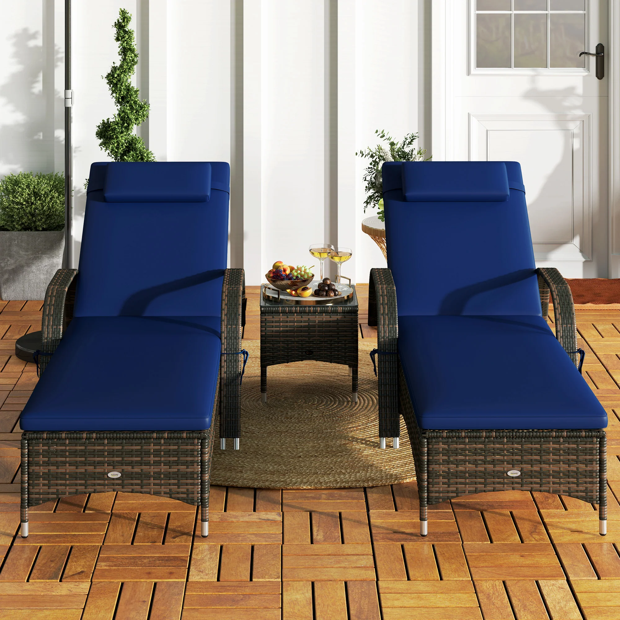 3-Piece Wicker Chaise Lounge Chair Set with Side Table, 5-Level Adjustable Backrest, Dark Blue - Image 11