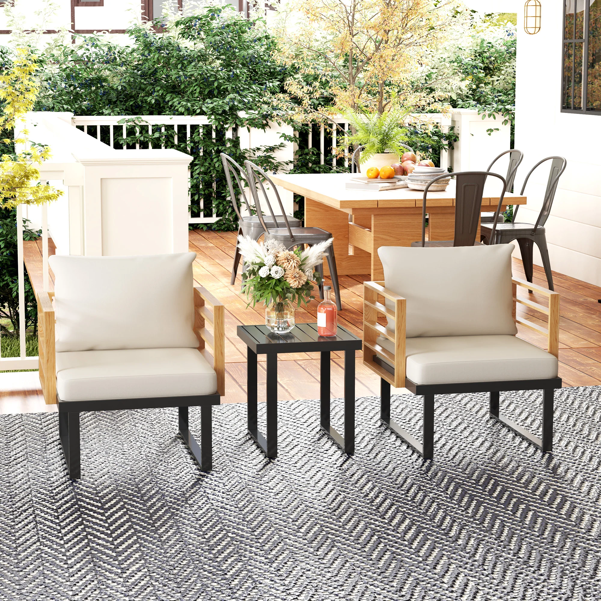 3 Pcs Outdoor Bistro Set, 2 Armchairs with Cushions and Slatted Metal Top Table, Beige - Image 3
