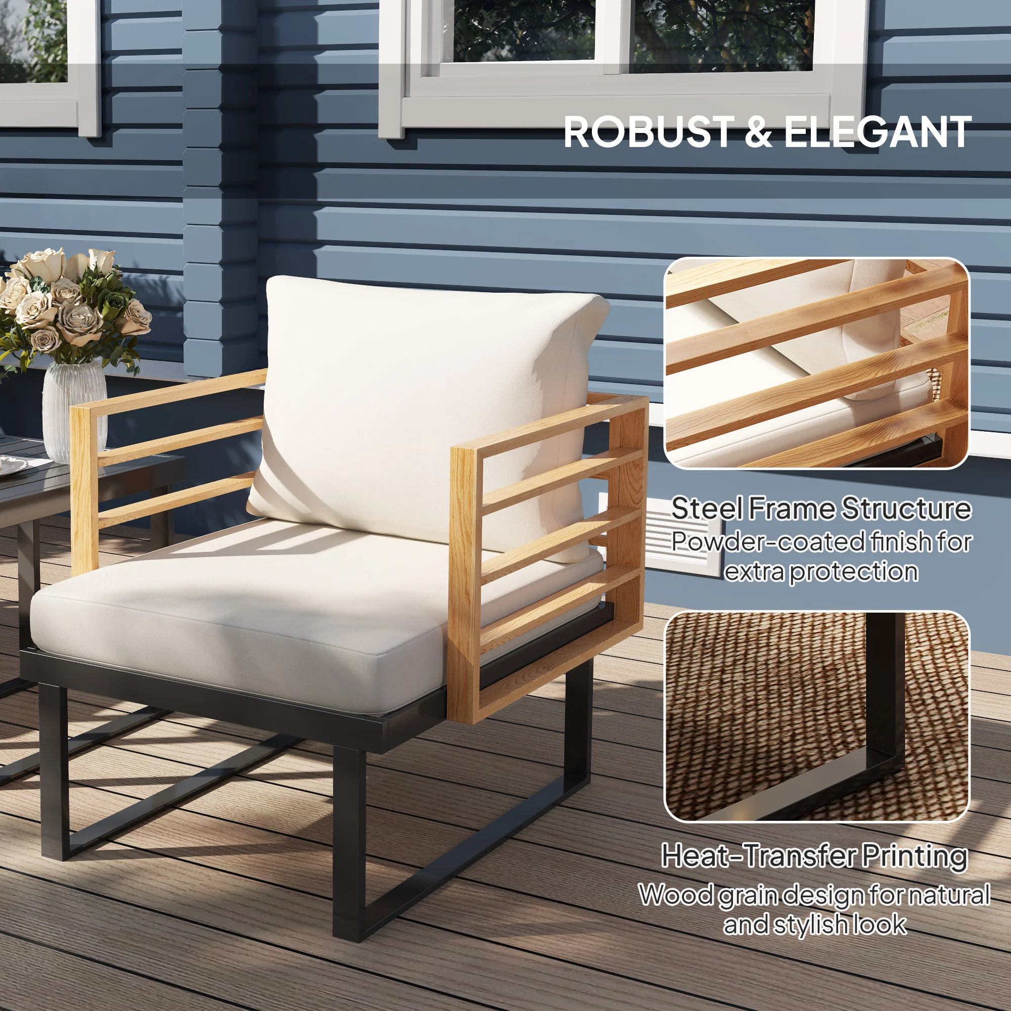 3 Pcs Outdoor Bistro Set, 2 Armchairs with Cushions and Slatted Metal Top Table, Beige - Image 7