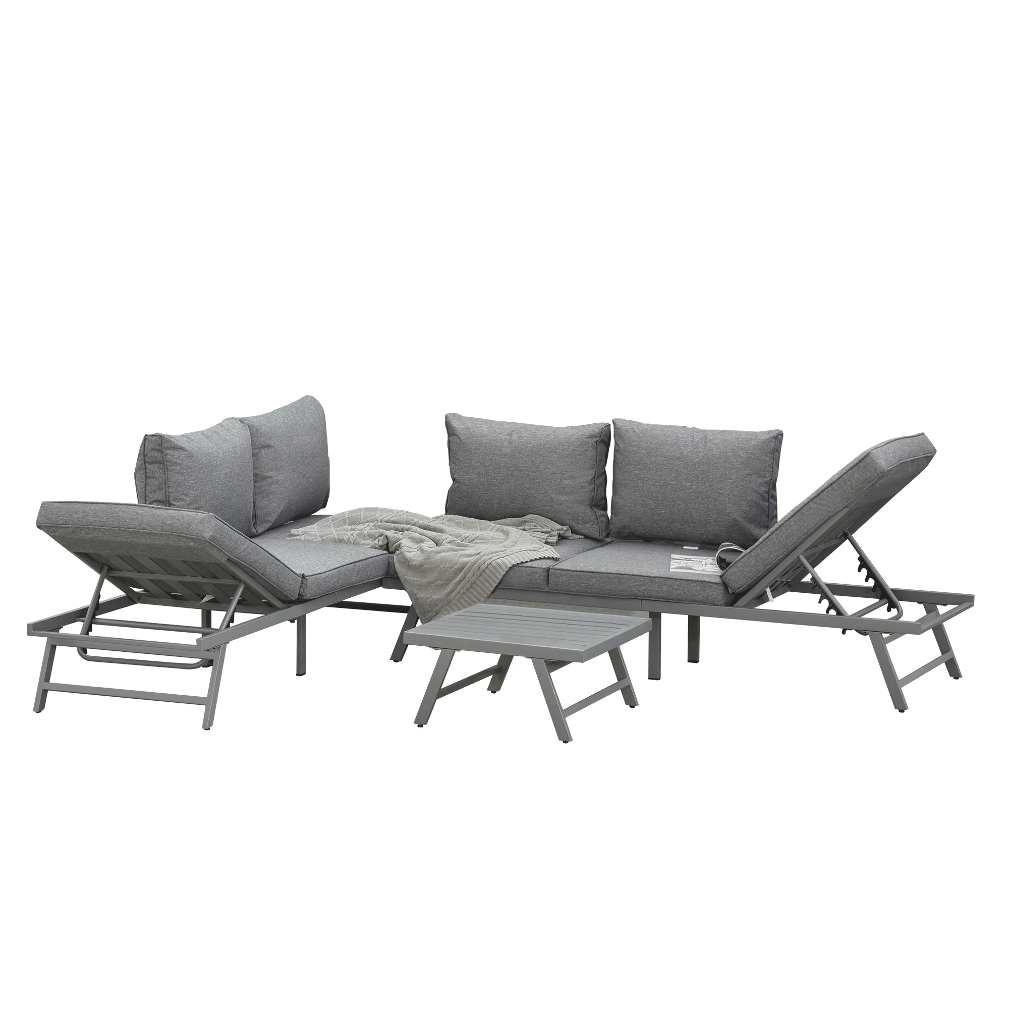 3 Pieces Patio Sofa Furniture Set, 2 Convertible Couch Chaise Lounge Chairs, 1 Coffee Table, Grey - Image 12