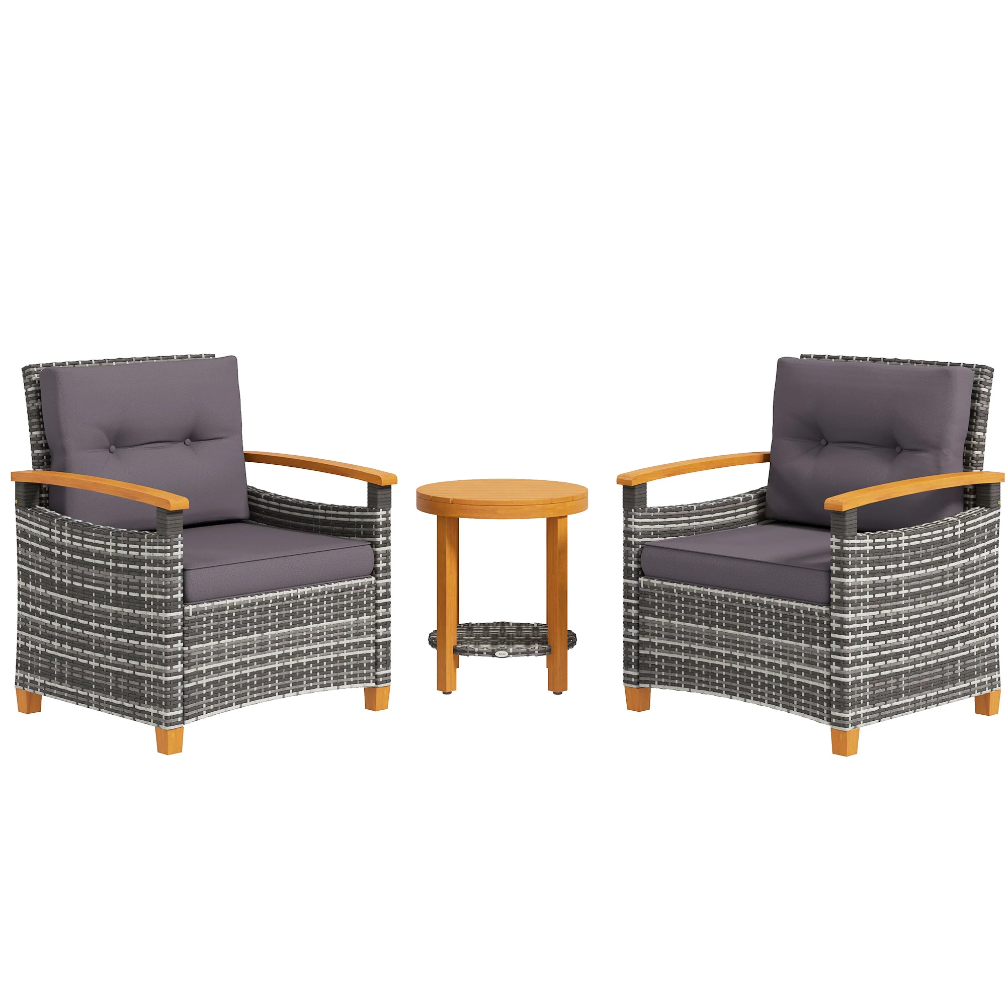 3 Pieces Outdoor Bistro Set with Acacia Wood Coffee Table and 2 Rattan Chairs, Gray - Image 12