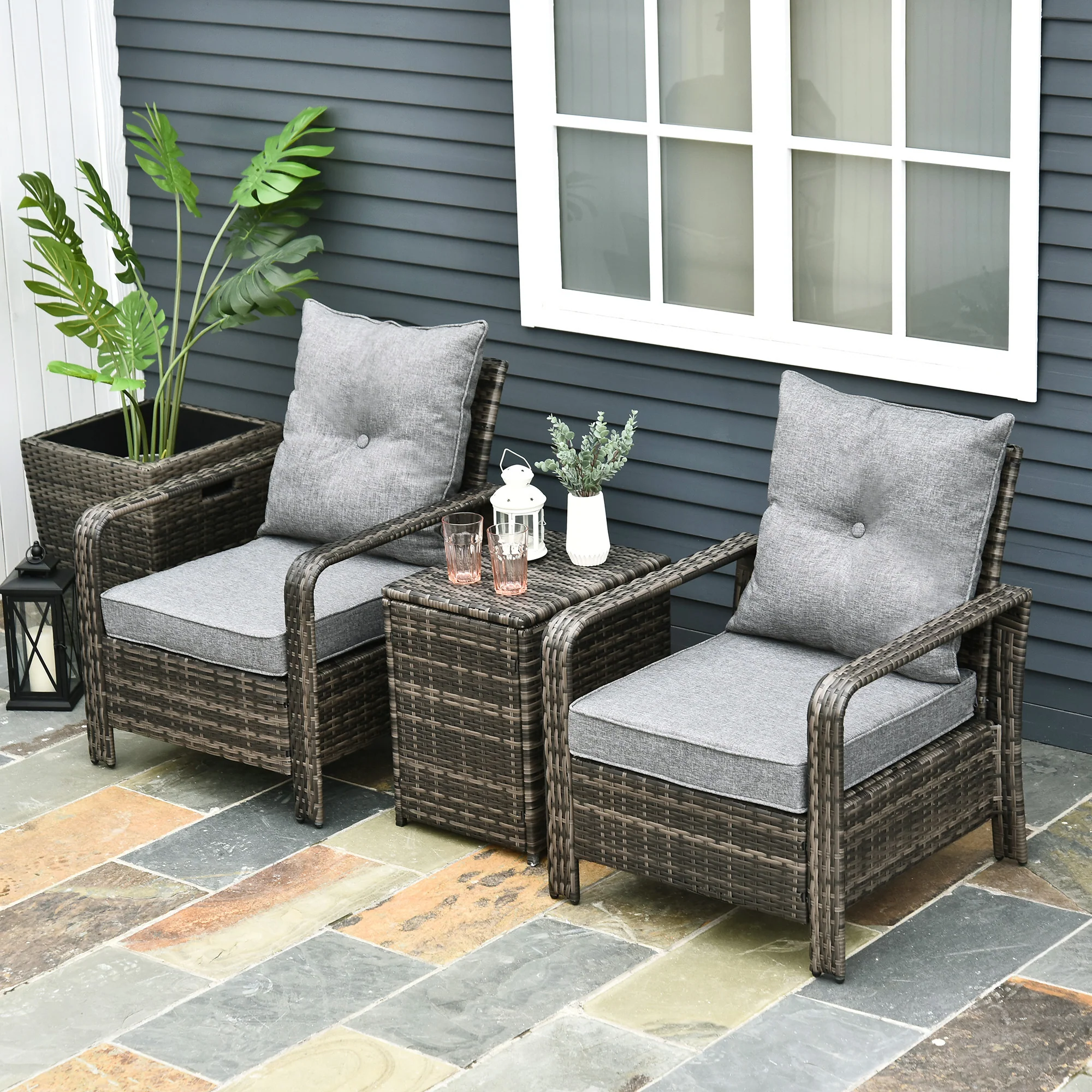 3-Piece PE Wicker Patio Set with Storage Table & Chairs, Gray - Image 4