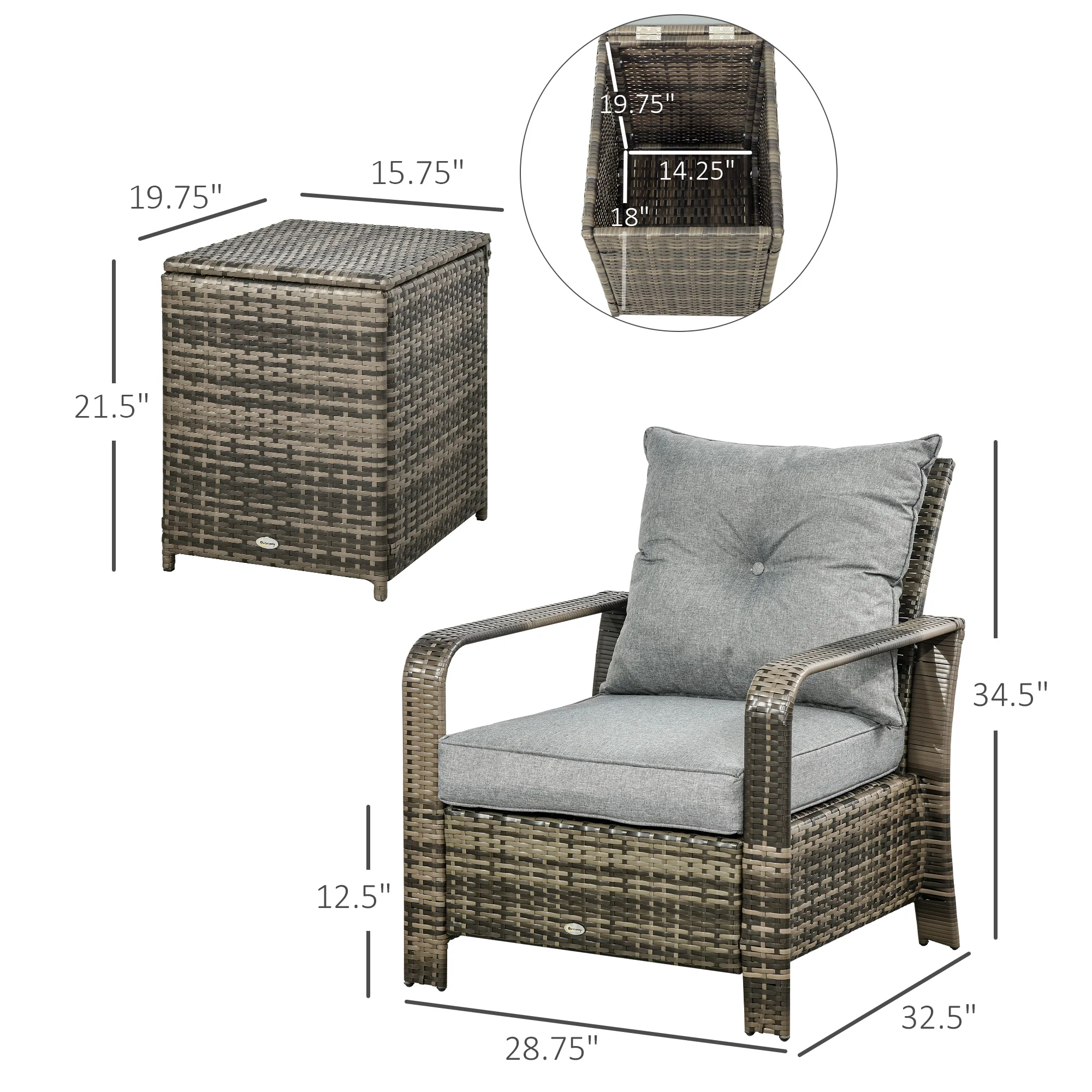 3-Piece PE Wicker Patio Set with Storage Table & Chairs, Gray - Image 5