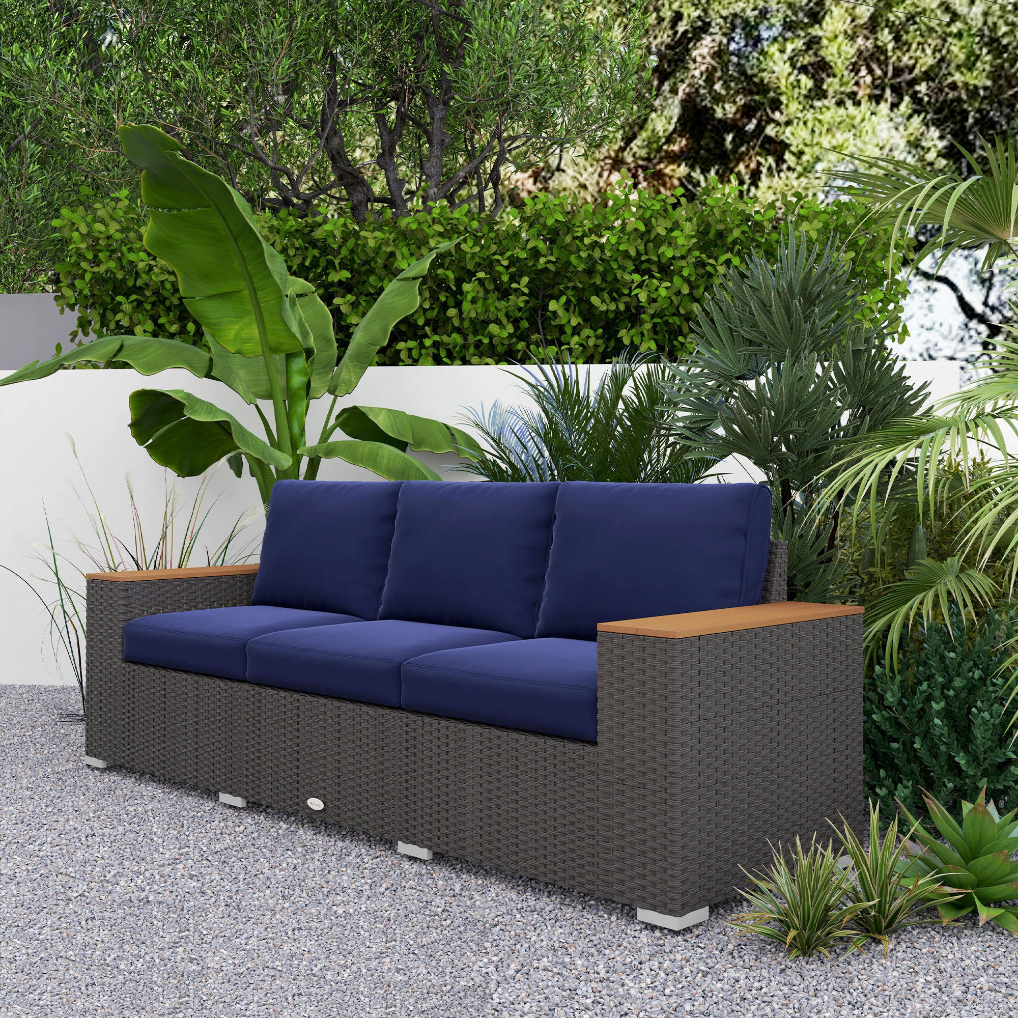 3-Seat Rattan Patio Couch with Cushions and Wood Grain Wide Armrests, Navy Blue - Image 9