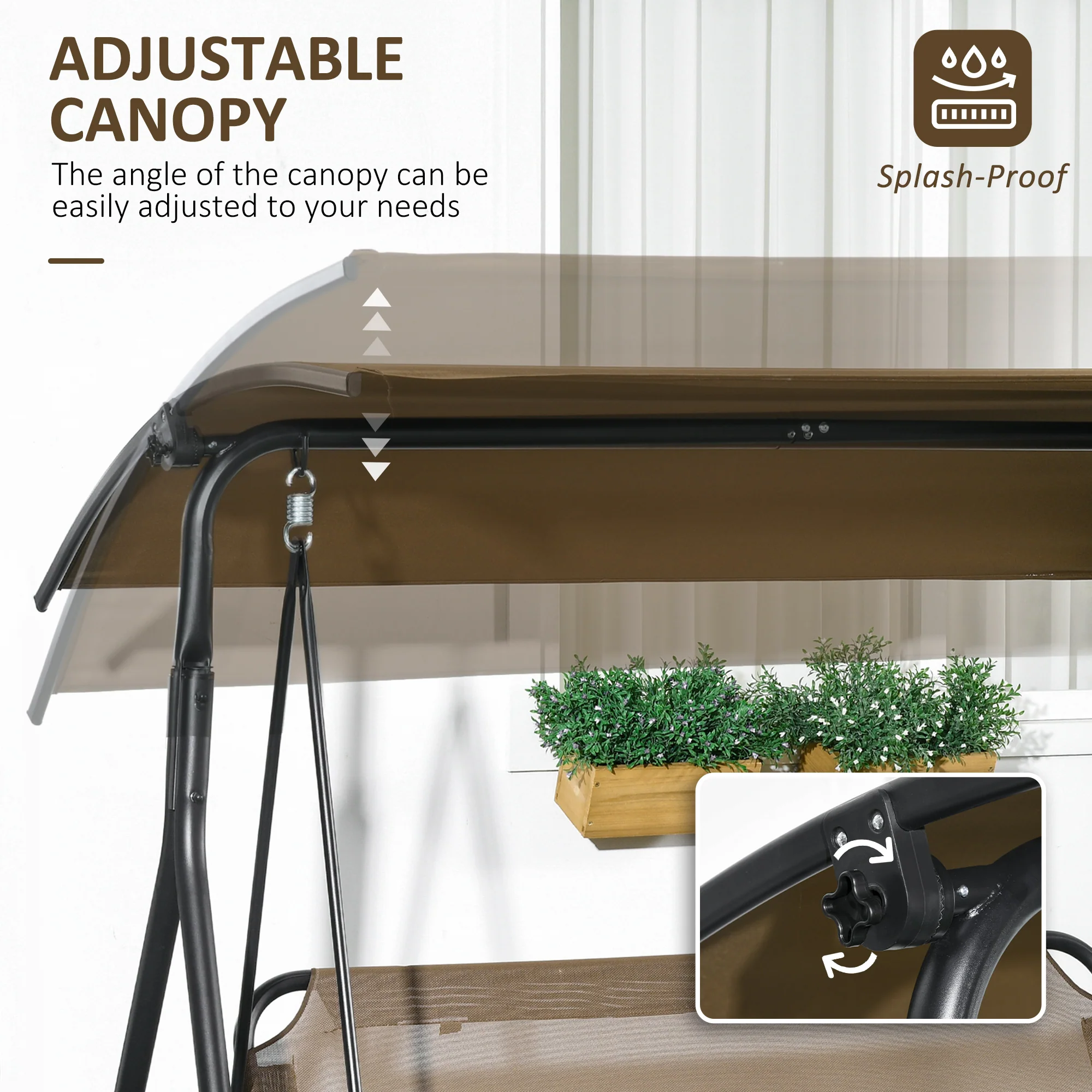 3-Seat Outdoor Patio Swing Chair, Steel Frame, Adjustable Tilt Canopy, Brown - Image 6