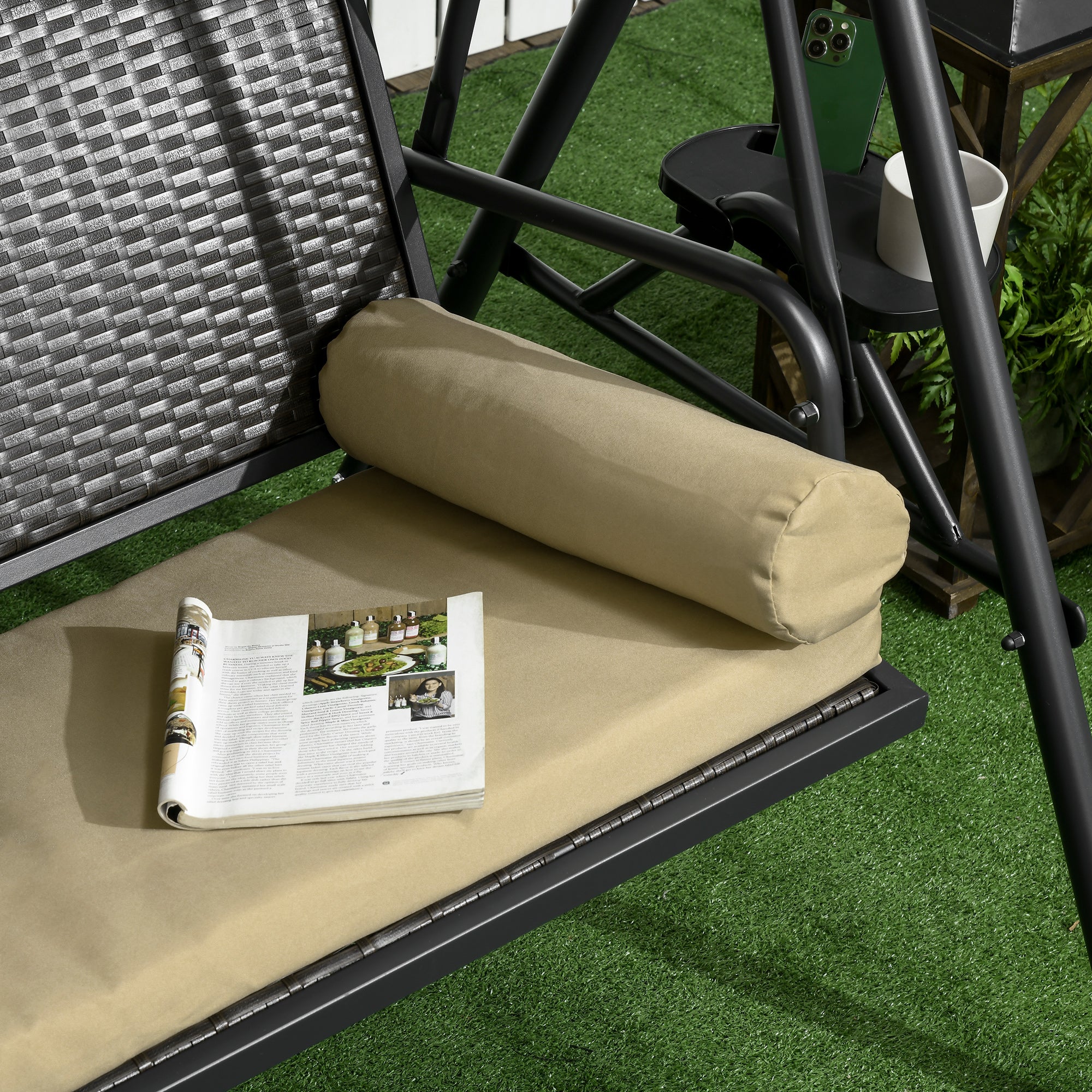 3-Seat Outdoor Swing Chair with Removable Cushion, Pillows, Adjustable Canopy & Rattan Seat - Image 11