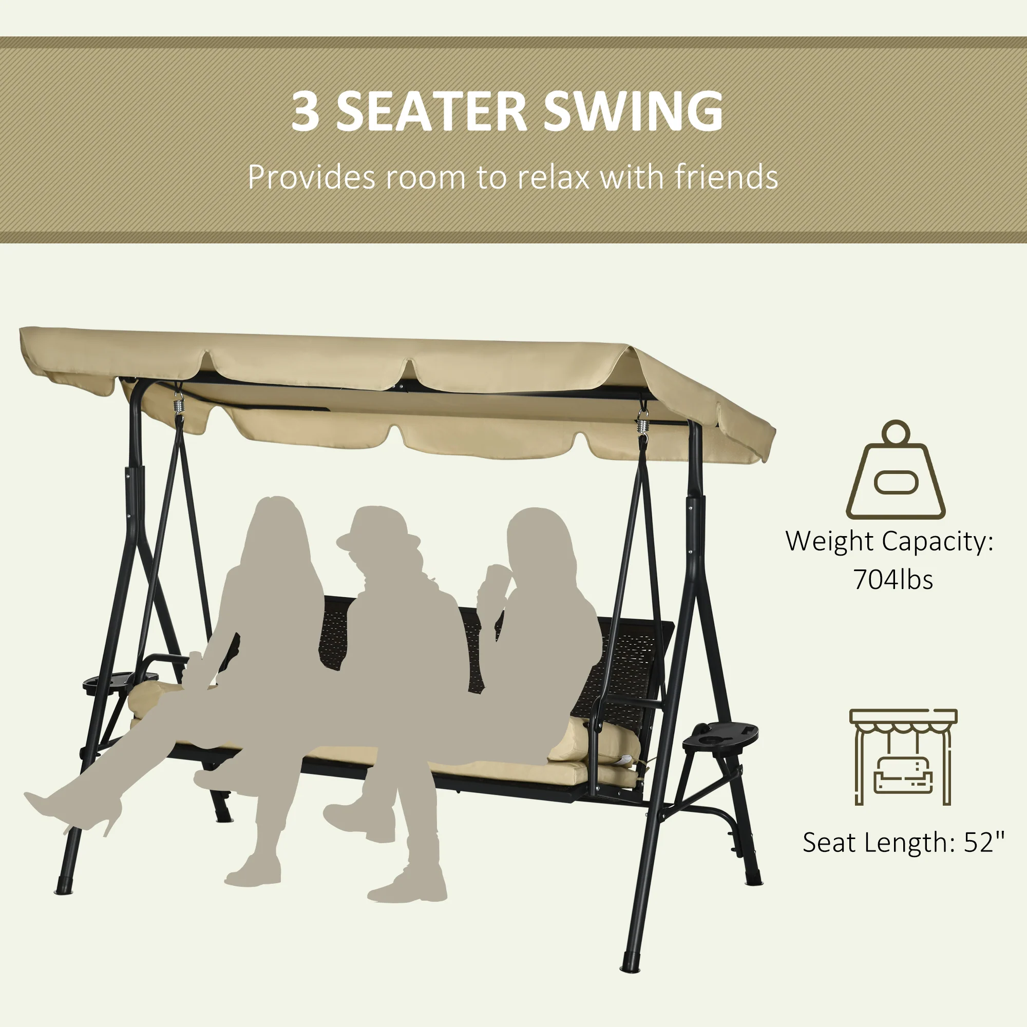 3-Seat Outdoor Swing Chair with Removable Cushion, Pillows, Adjustable Canopy & Rattan Seat - Image 6