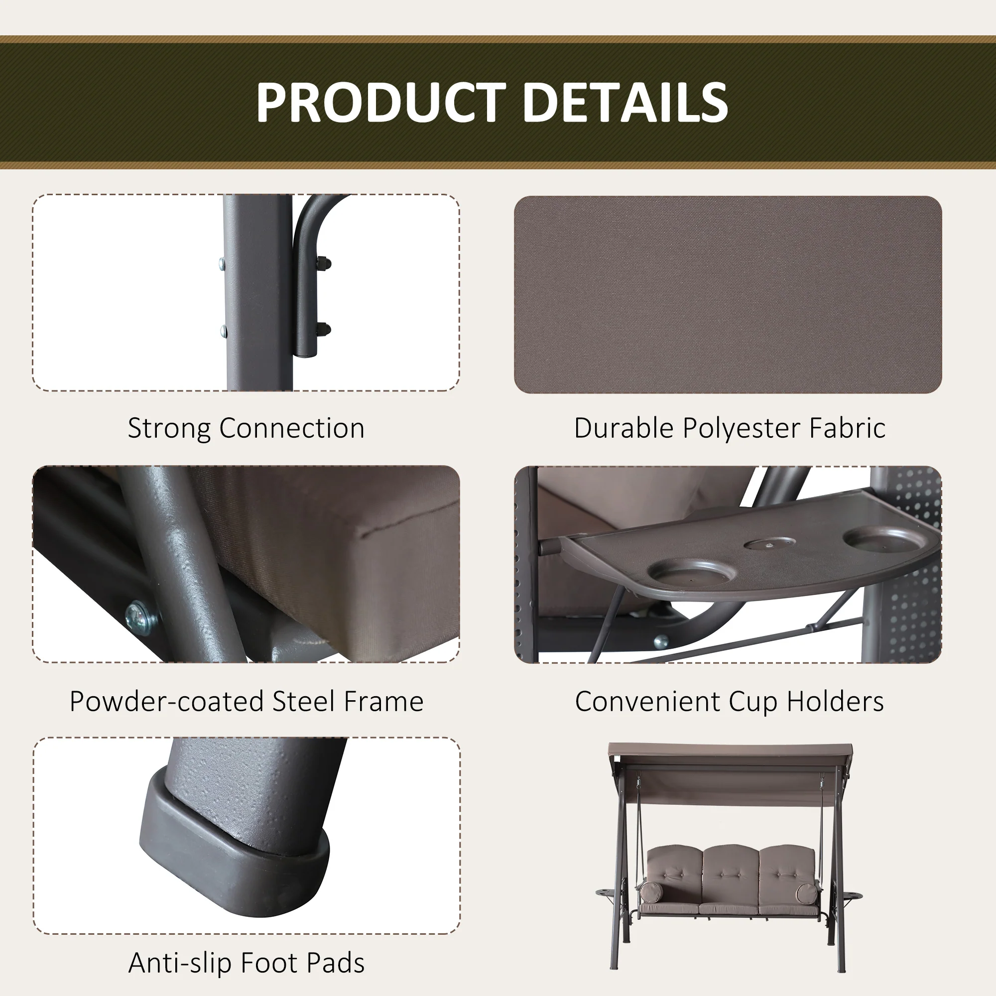 3-Seat Patio Swing Chair with Adjustable Canopy, Removable Cushion & Side Trays, Brown - Image 7