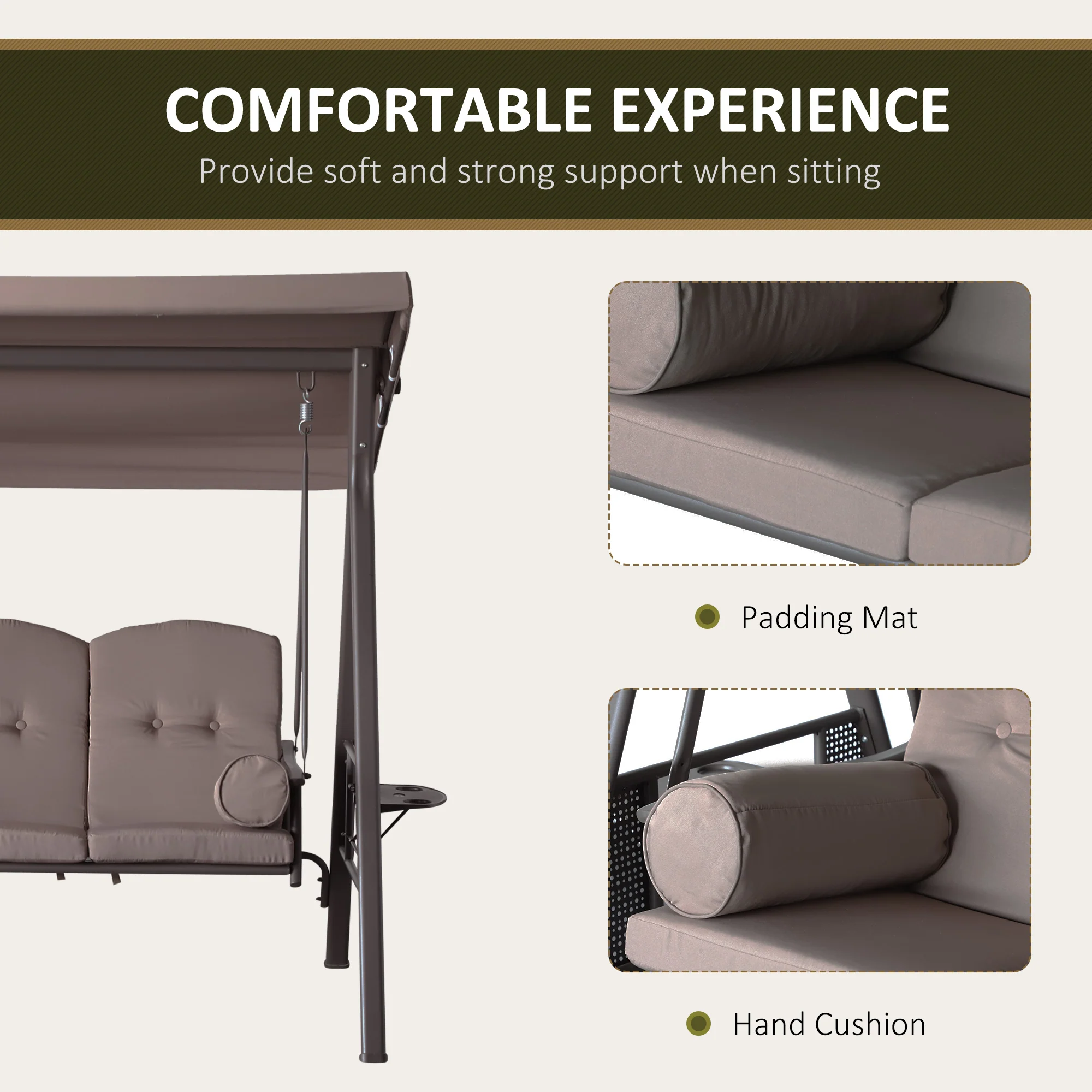 3-Seat Patio Swing Chair with Adjustable Canopy, Removable Cushion & Side Trays, Brown - Image 8