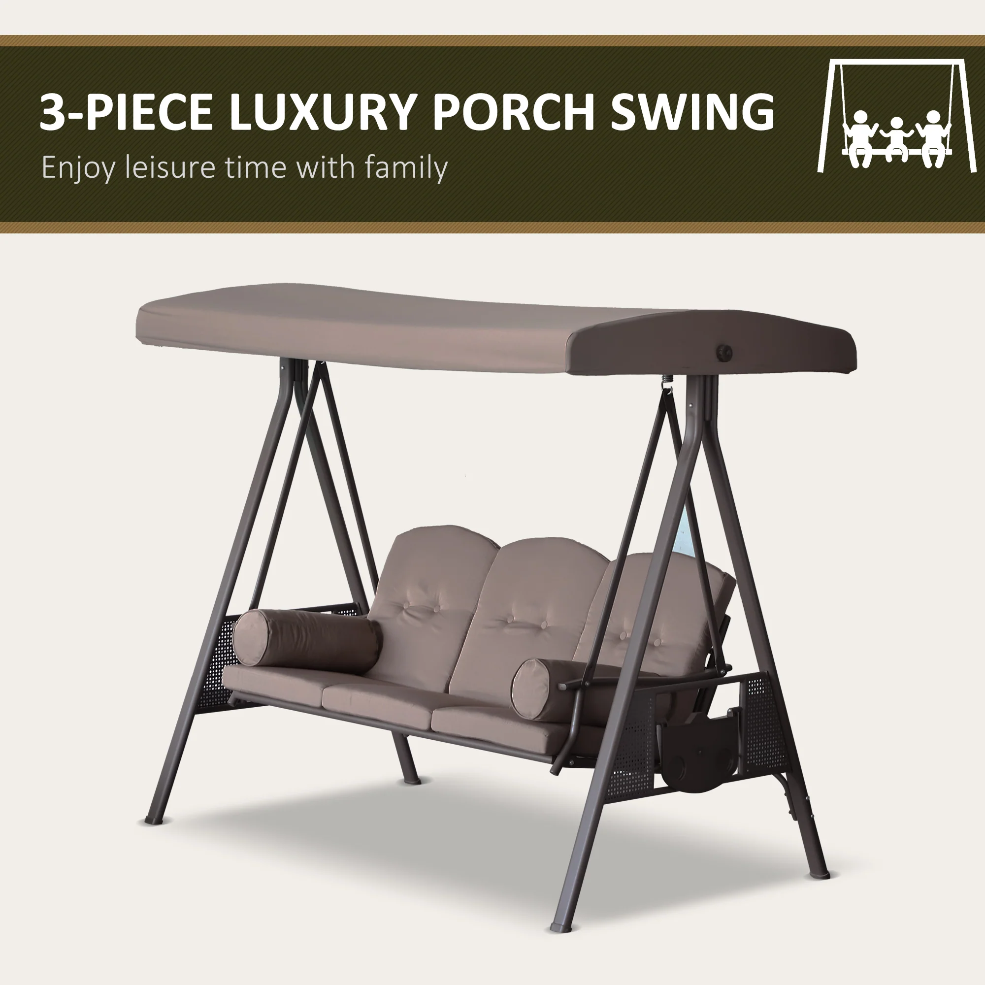 3-Seat Patio Swing Chair with Adjustable Canopy, Removable Cushion & Side Trays, Brown - Image 9
